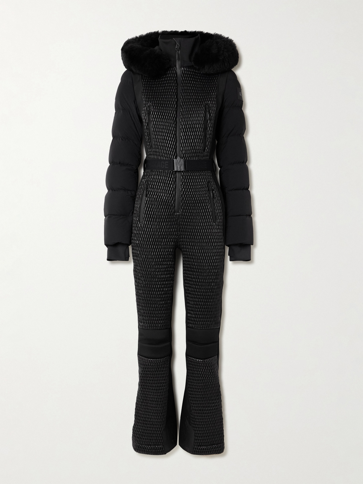 Mackage Lorelle Belted Hooded Plush-trimmed Quilted Padded Down Ski Suit In Black