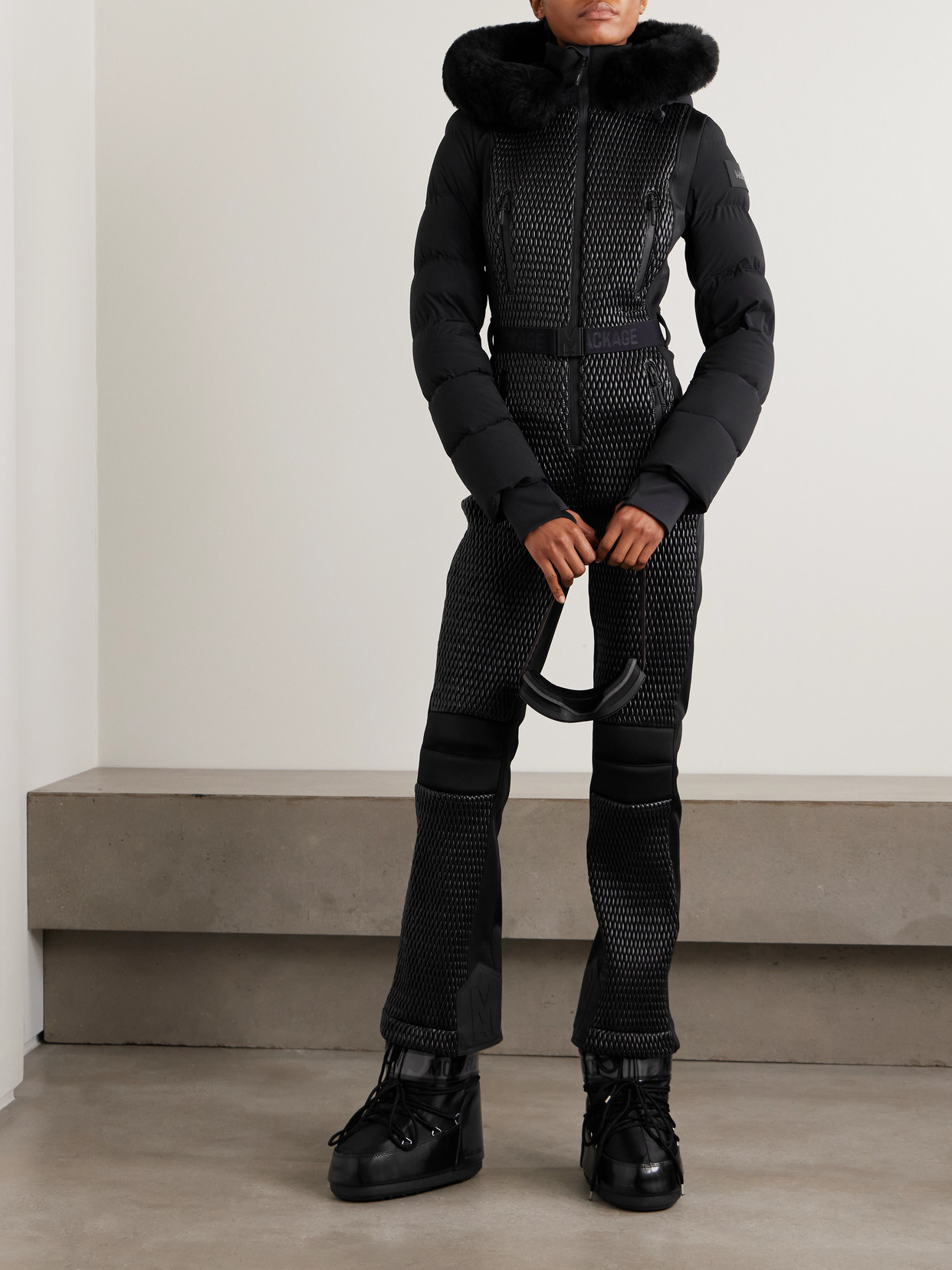 Mackage Lorelle Belted Hooded Plush-trimmed Quilted Padded Down Ski Suit In Black