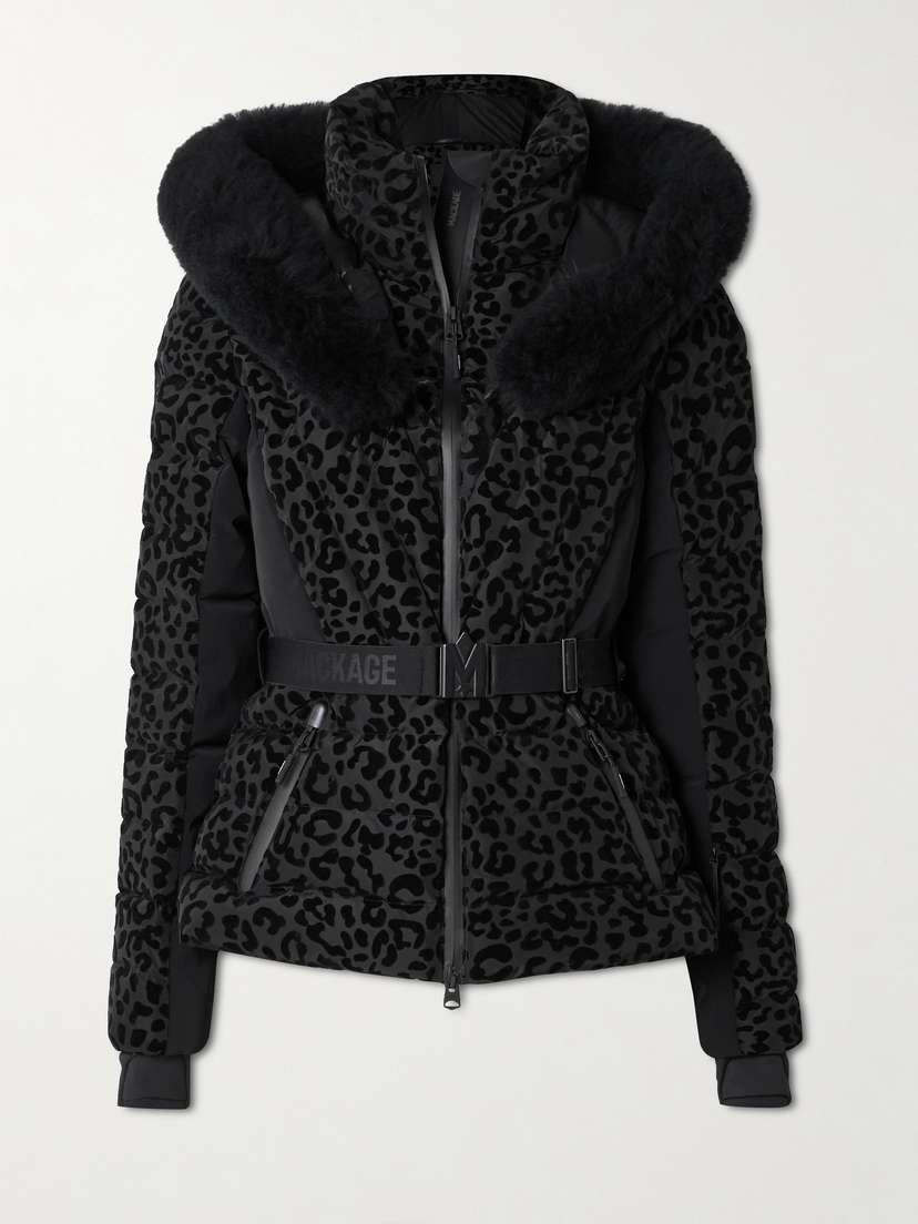 Mackage Elita Hooded Belted Shearling-trimmed Flocked Down Ski Jacket