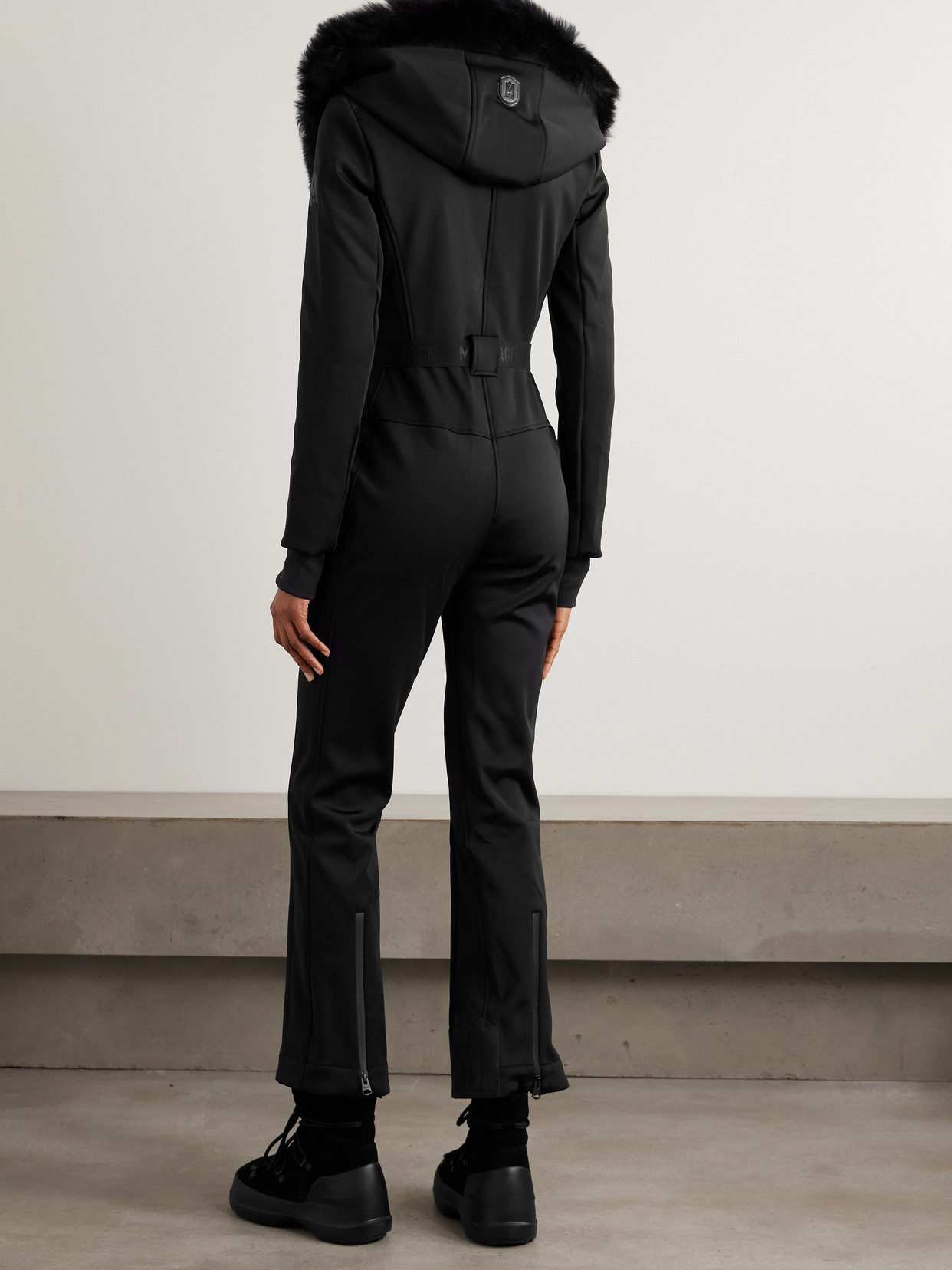 Mackage Elle Hooded Belted Shearling-trimmed Padded Ski Suit In Black