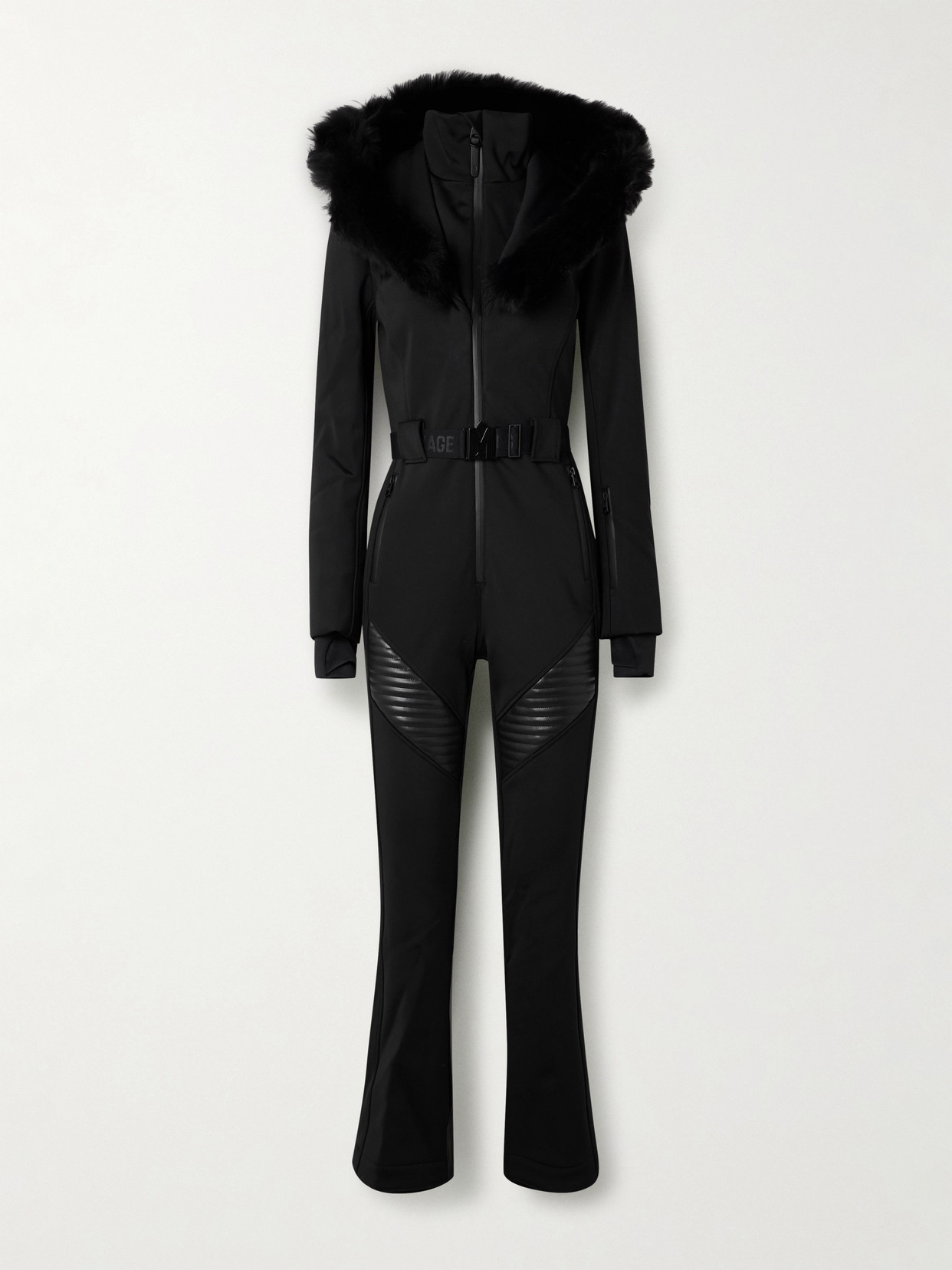 Mackage Elle Hooded Belted Shearling-trimmed Padded Ski Suit In Black