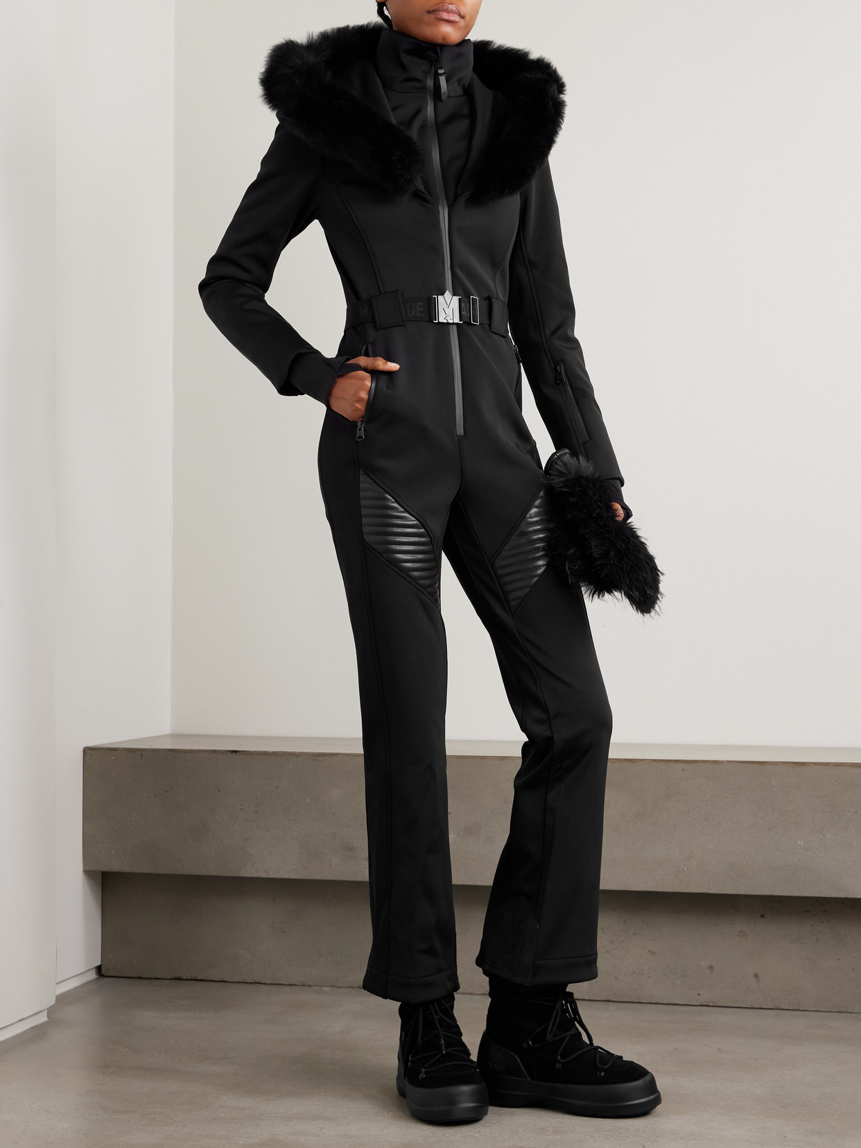 Mackage Elle Hooded Belted Shearling-trimmed Padded Ski Suit In Black