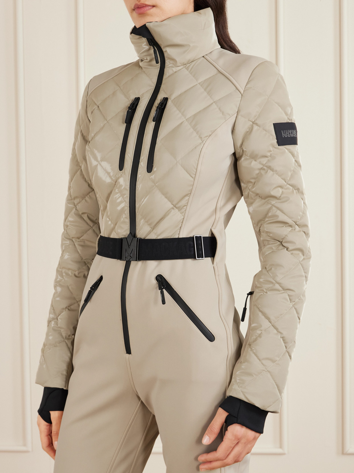 Mackage Inga Belted Quilted Padded Down Ski Suit In Brown