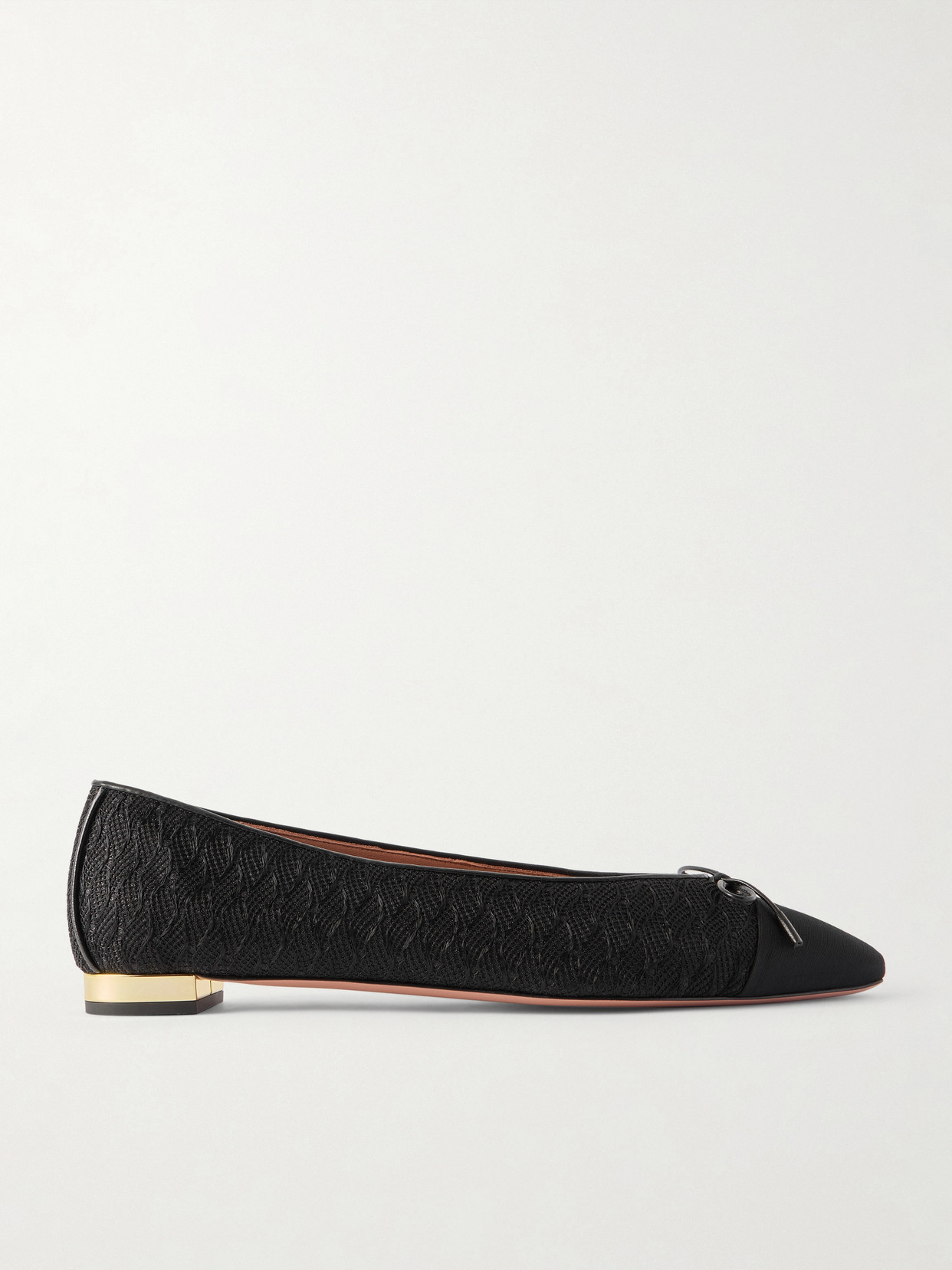 Aquazzura Gioia Bow-detailed Grosgrain And Leather-trimmed Crocheted Ballet Flats In Black
