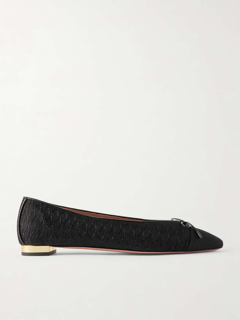 Aquazzura Gioia Bow-detailed Grosgrain And Leather-trimmed Crocheted Ballet Flats