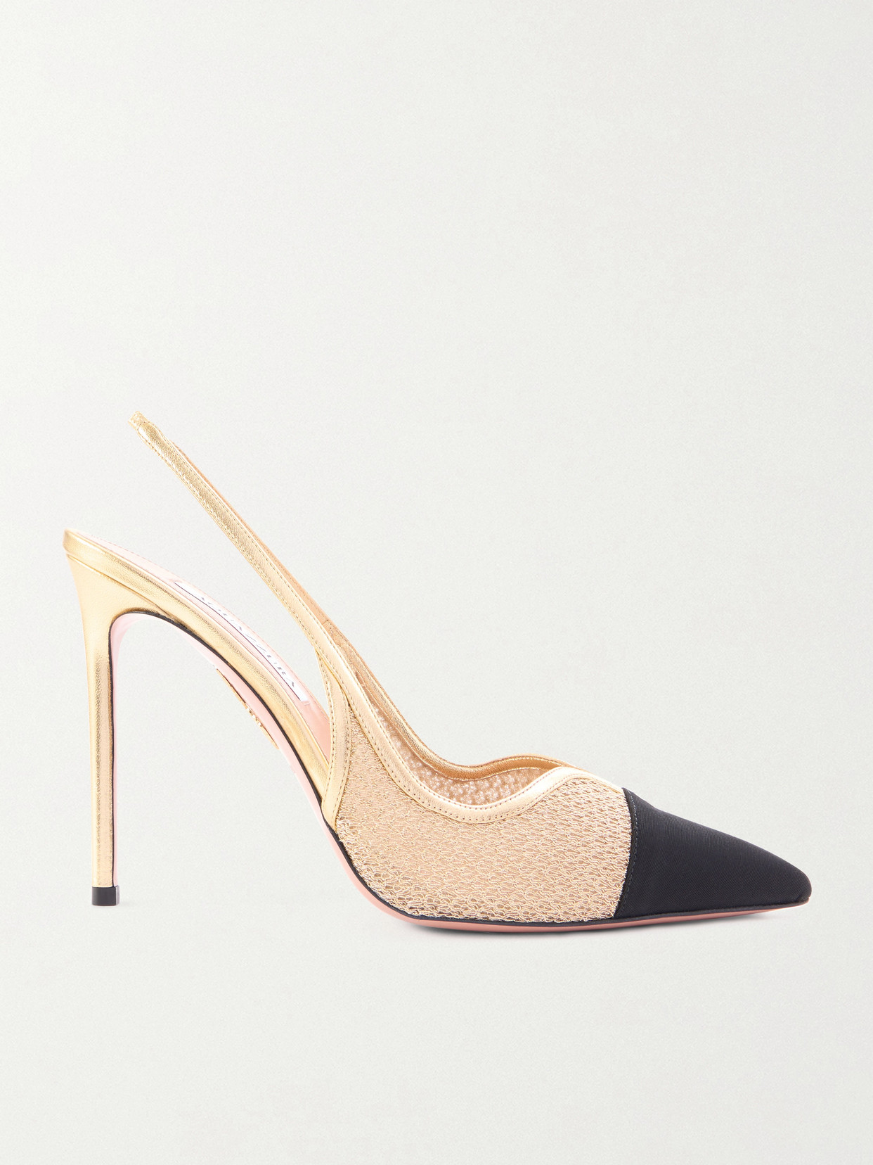 Aquazzura Gia 105 Leather-trimmed Mesh And Grosgrain Slingback Pumps In Gold