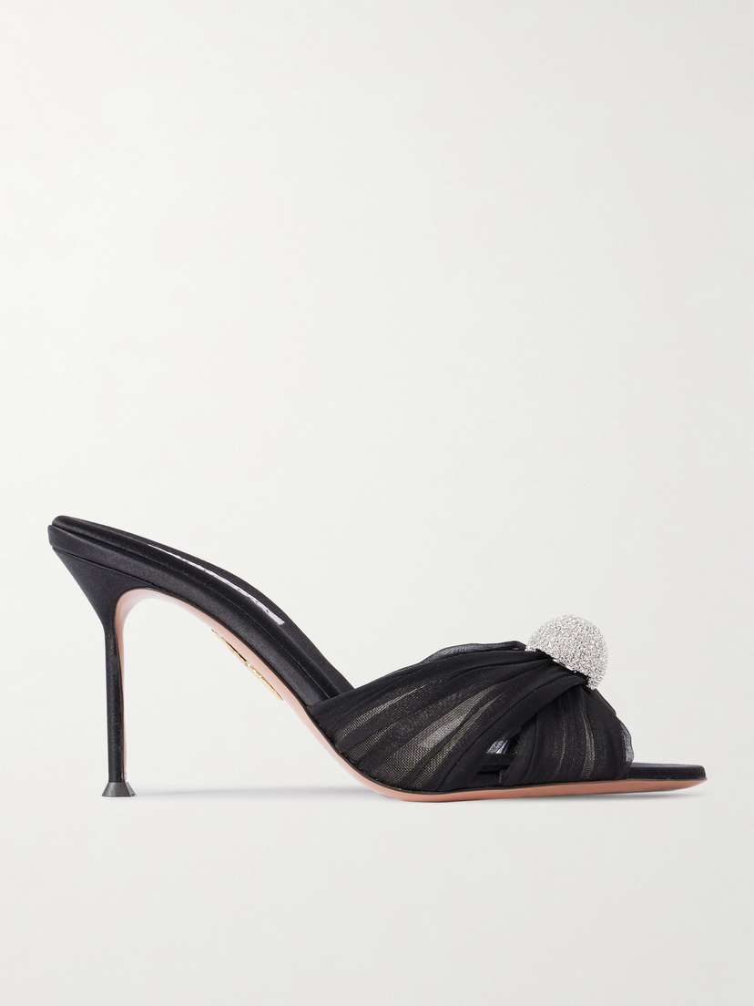 Aquazzura Mystery 85 Crystal-embellished Leather-trimmed Chiffon Mules