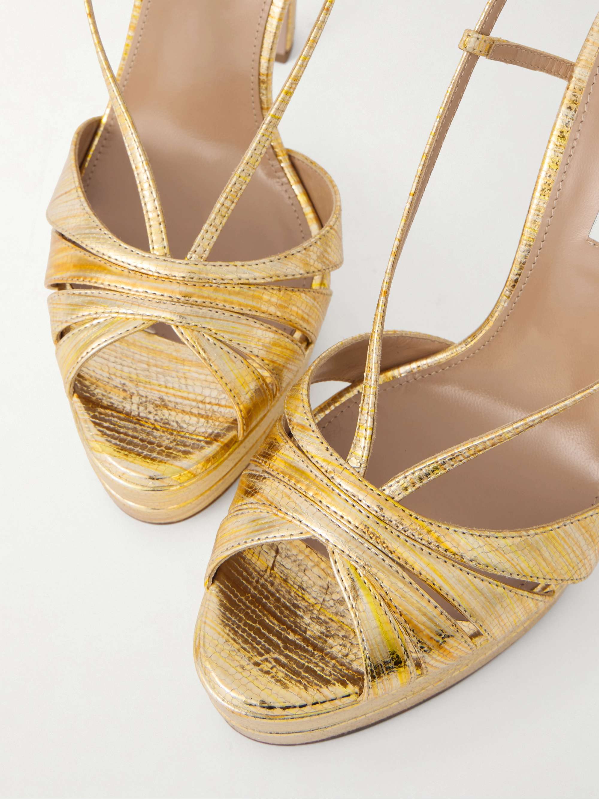 アサ AQUAZZURA Aimée 130 metallic snake-effect leather platform sandals