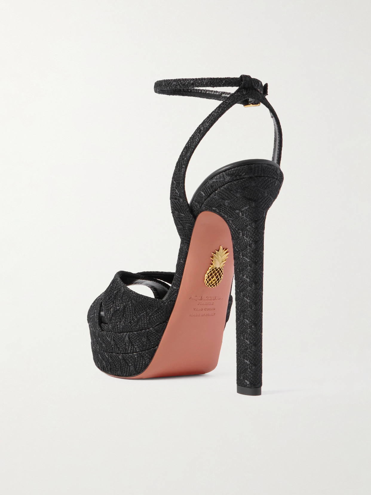 Aquazzura Divine Plateau 130 Metallic Woven Platform Sandals In Black