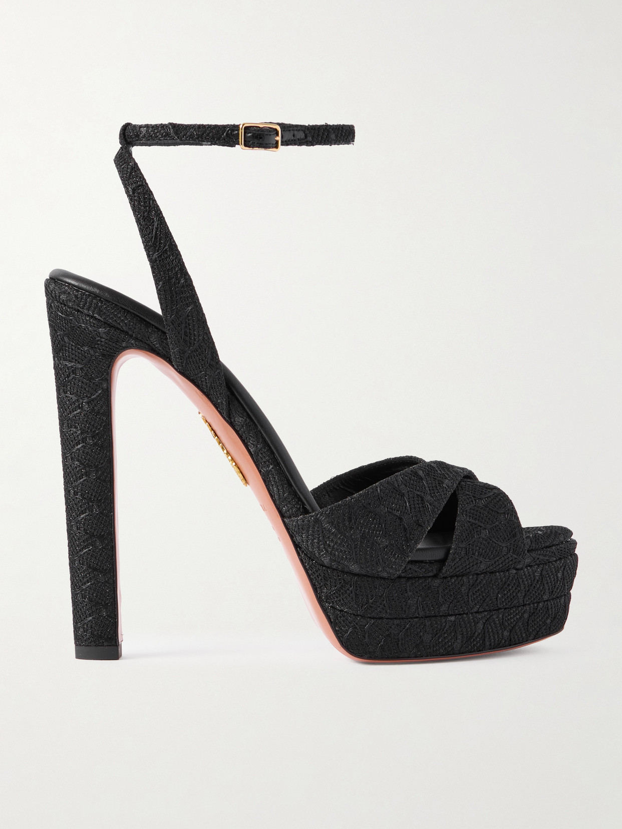 Aquazzura Divine Plateau 130 Metallic Woven Platform Sandals In Black