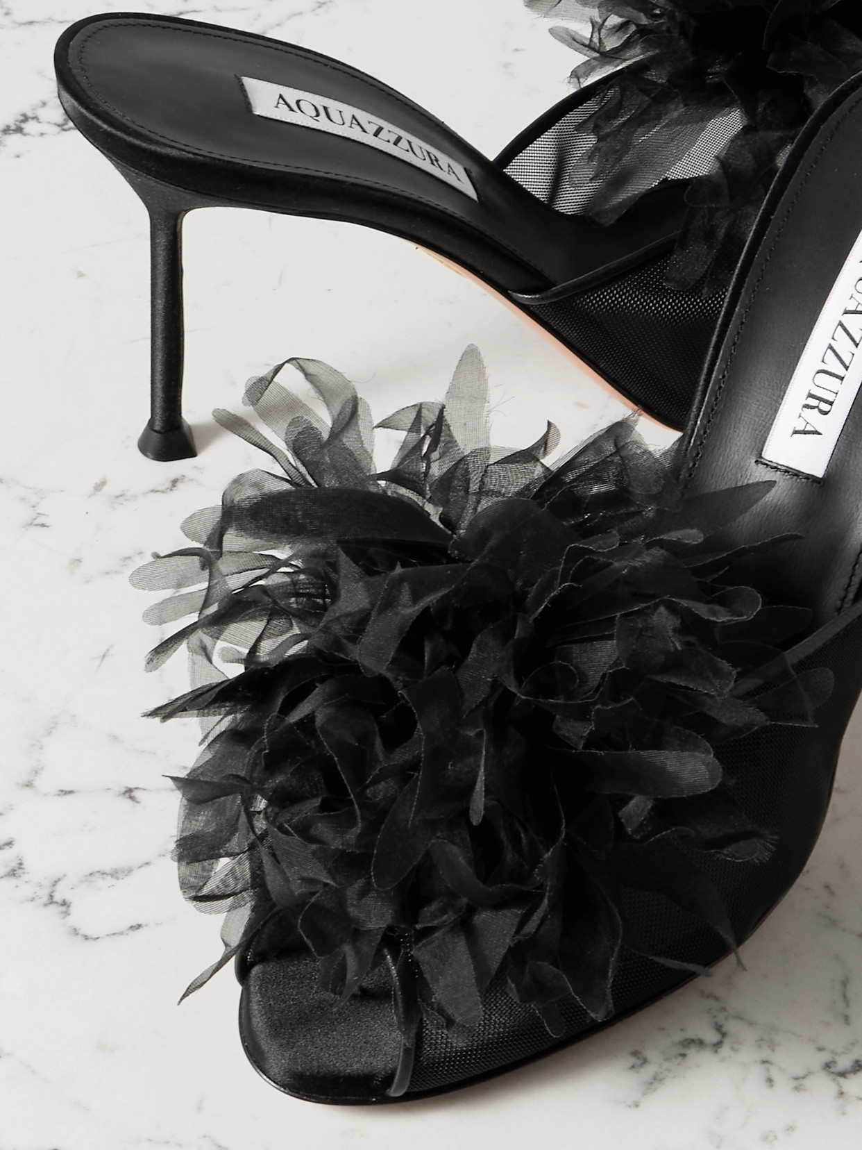 Aquazzura Poème 85 Embellished Organza And Leather-trimmed Mesh Mules In Black