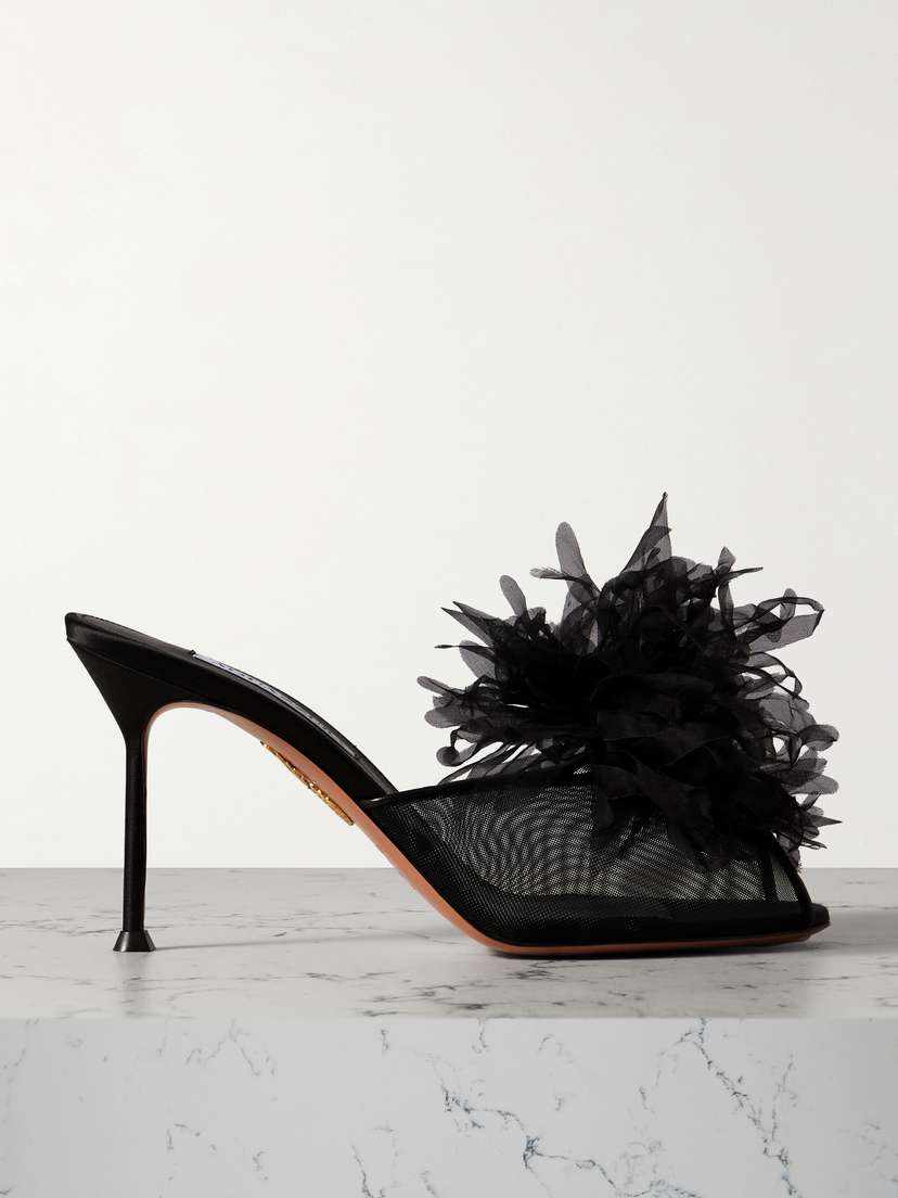 Aquazzura Poème 85 Embellished Organza And Leather-trimmed Mesh Mules