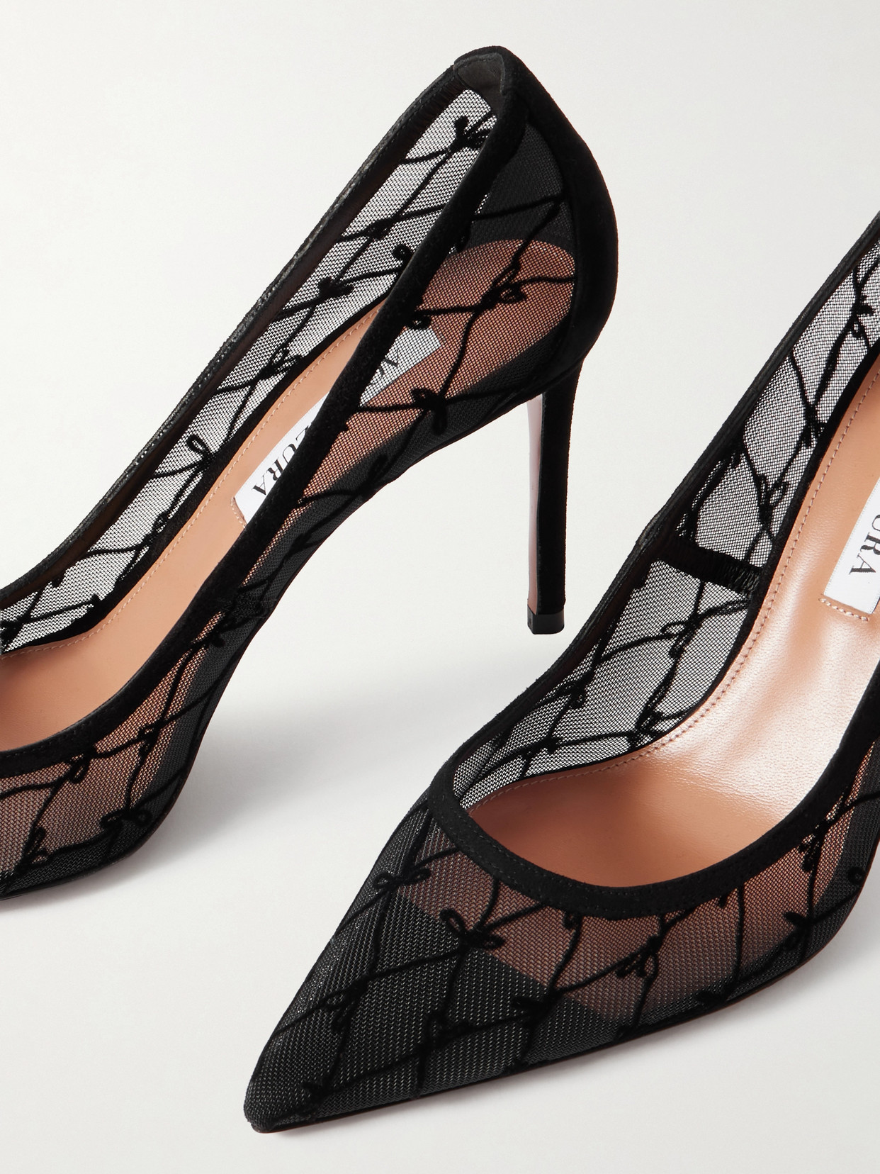 Aquazzura 85 Suede-trimmed Flocked Mesh Pumps In Black