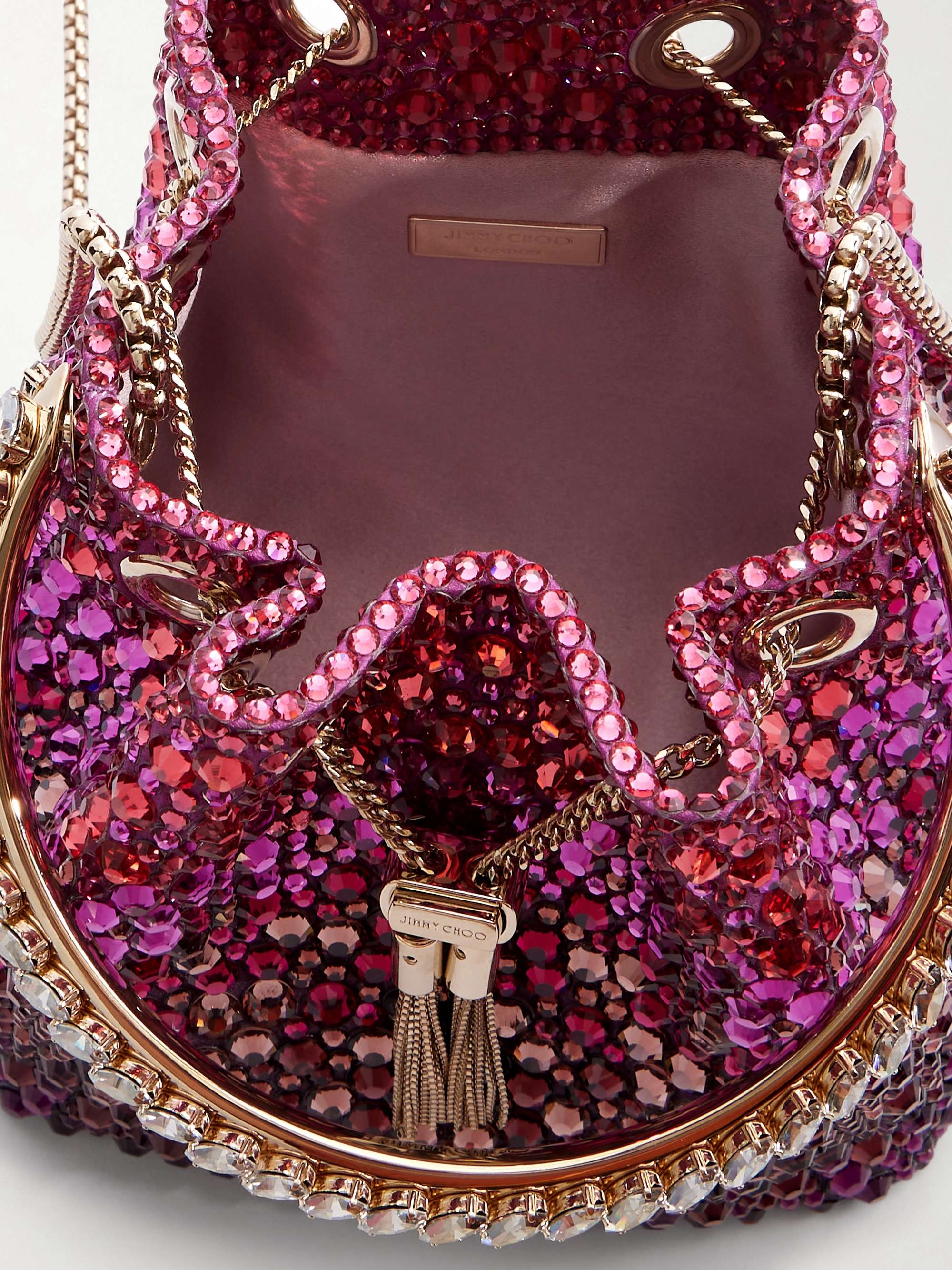 JIMMY CHOO Bon Bon crystal-embellished satin bucket bag