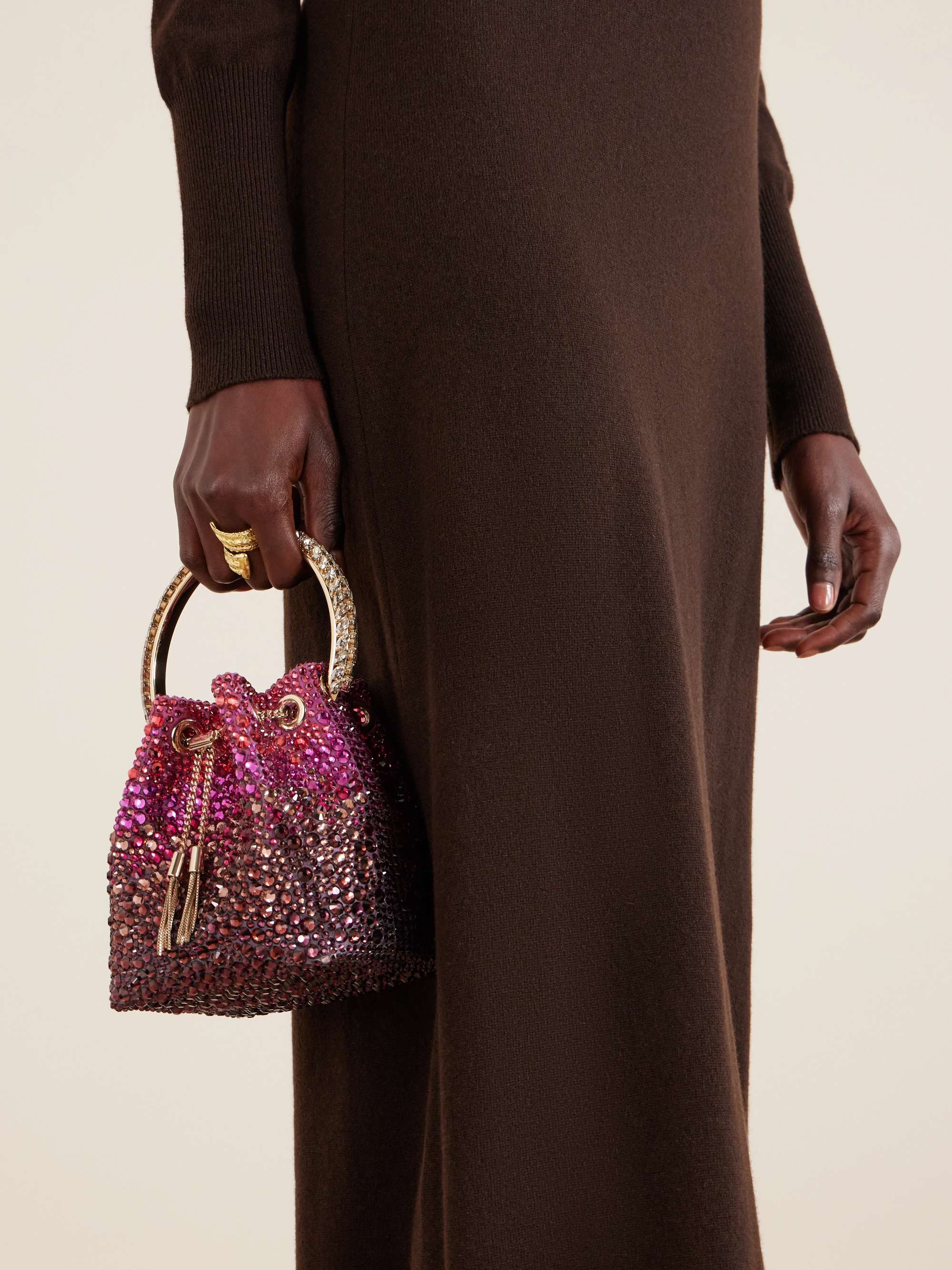 JIMMY CHOO Bon Bon crystal-embellished satin bucket bag