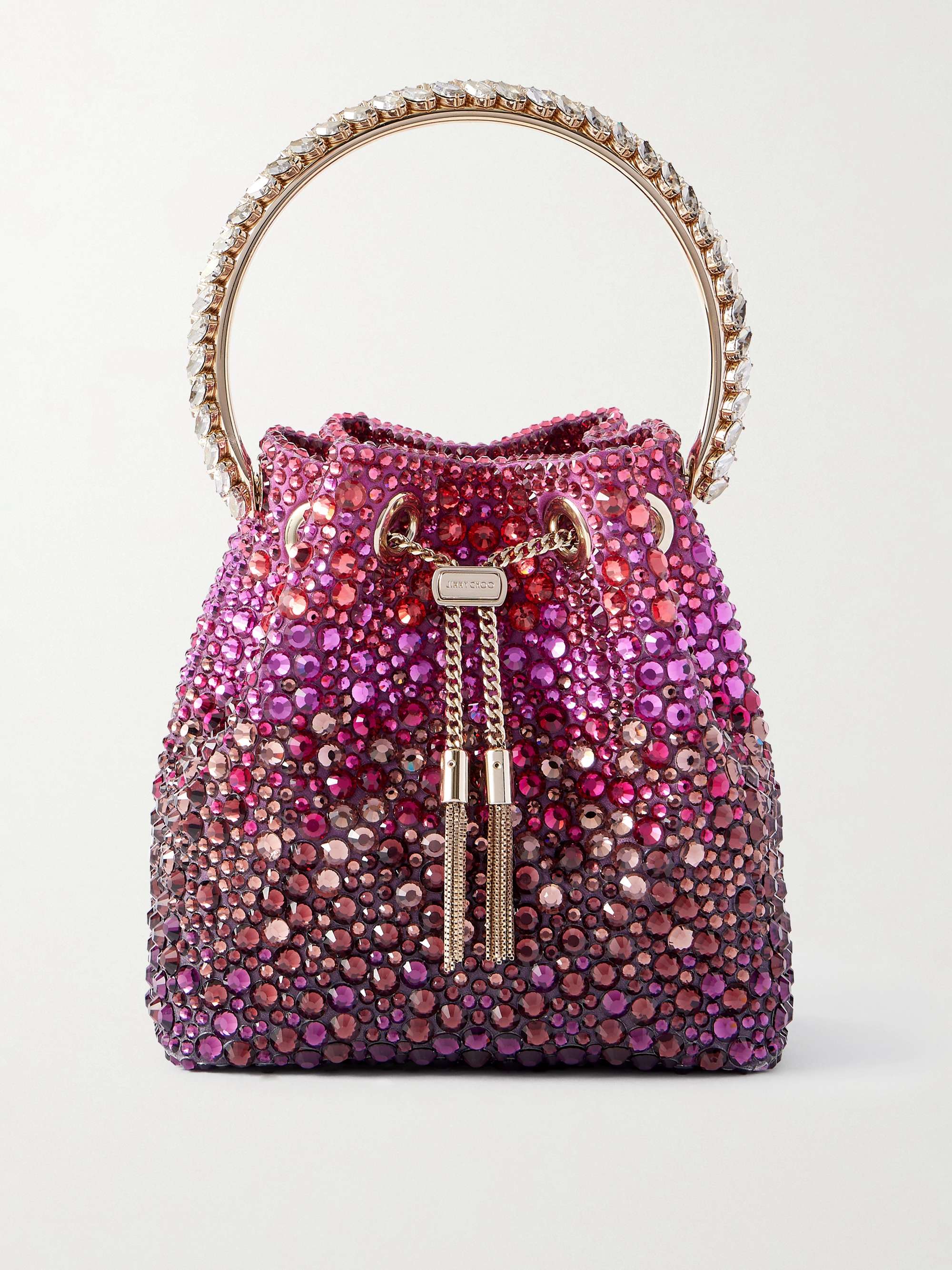 JIMMY CHOO Bon Bon crystal-embellished satin bucket bag