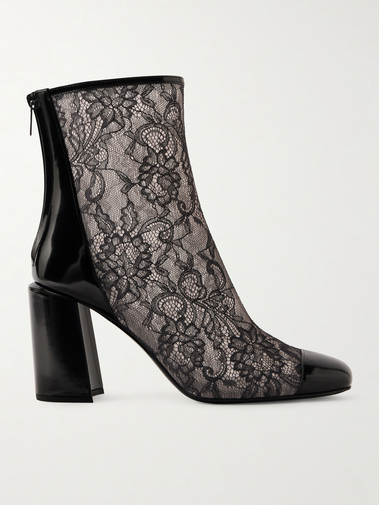 Jimmy Choo Kisu Ab 85 Patent Leather-trimmed Lace Ankle Boots In Black