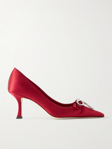 JIMMY CHOO Aura 70 crystal bow-embellished satin pumps
