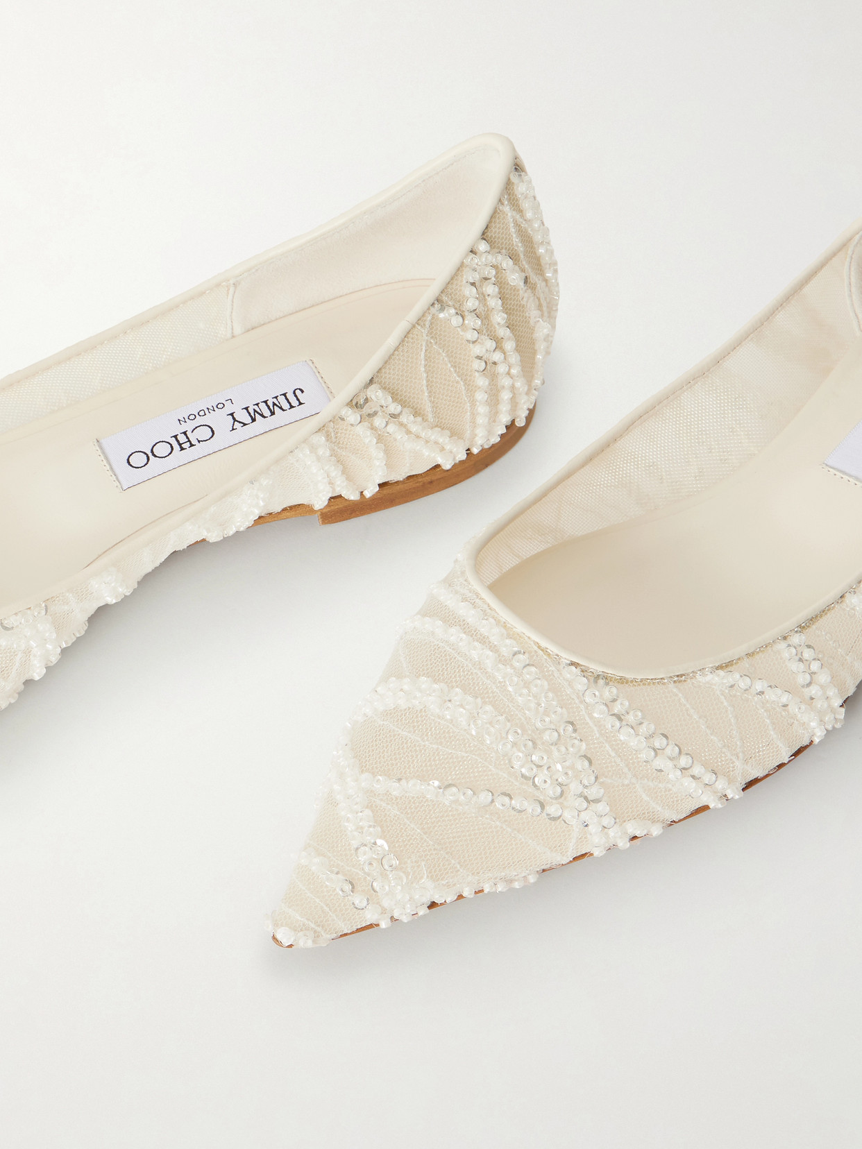 Jimmy Choo Love Embellished Mesh Point-toe Ballet Flats In White