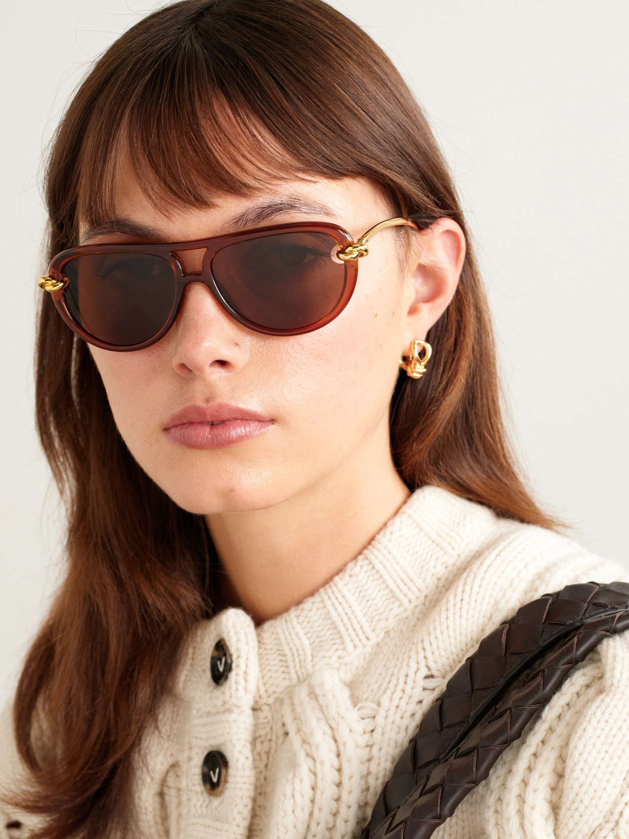 Bottega Veneta New Knot Aviator-style Acetate And Gold-tone Sunglasses In Brown