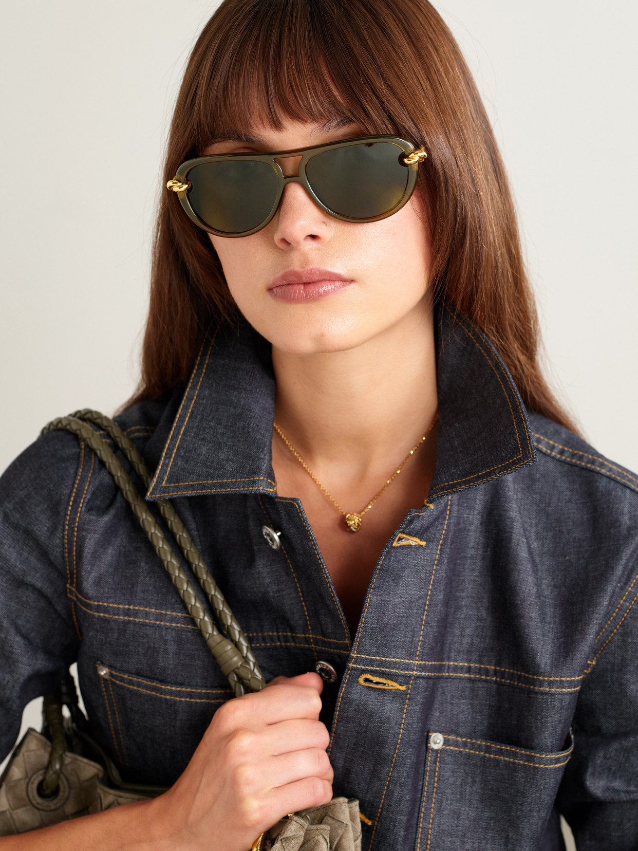 Bottega Veneta New Knot Aviator-style Acetate And Gold-tone Sunglasses In Green