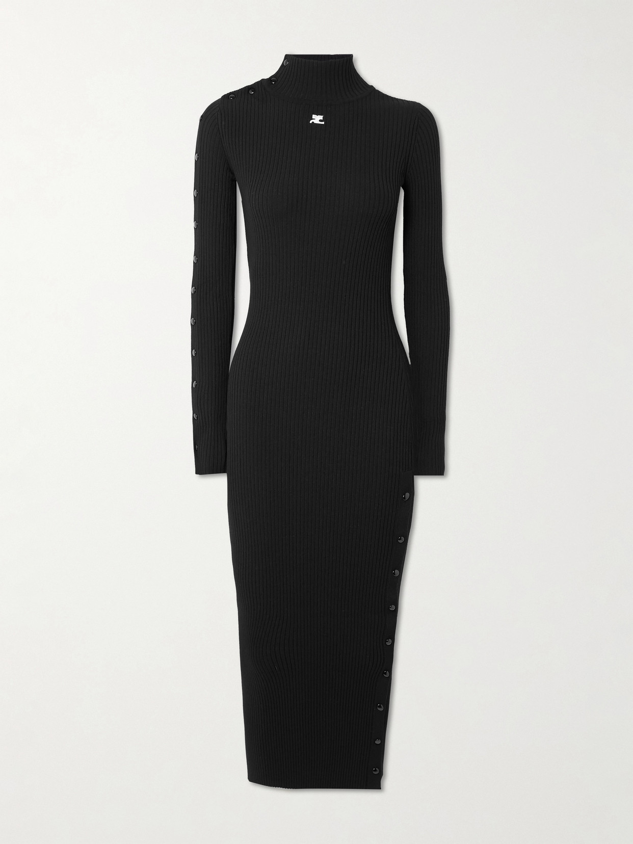 Courrèges Embroidered Ribbed-knit Midi Turtleneck Dress In Black