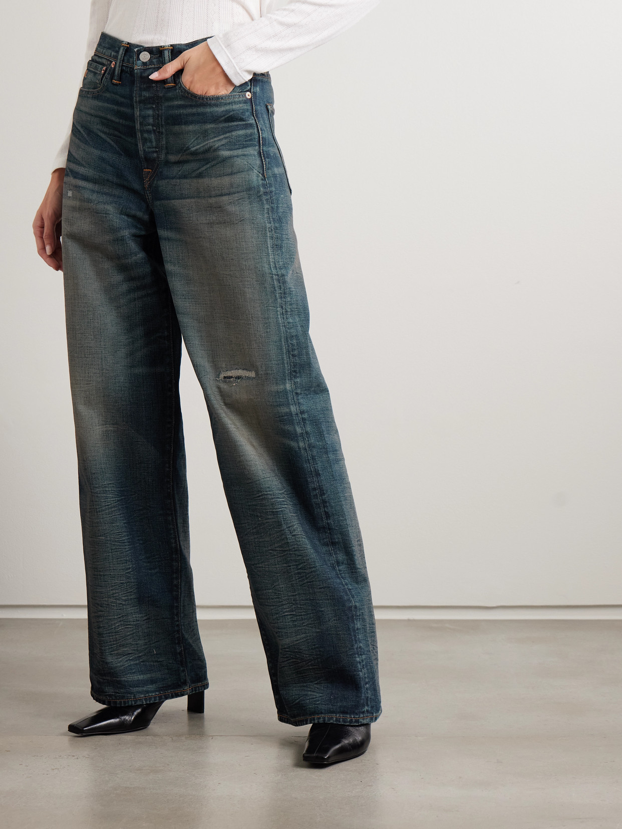 Distressed High-Rise Wide- Leg