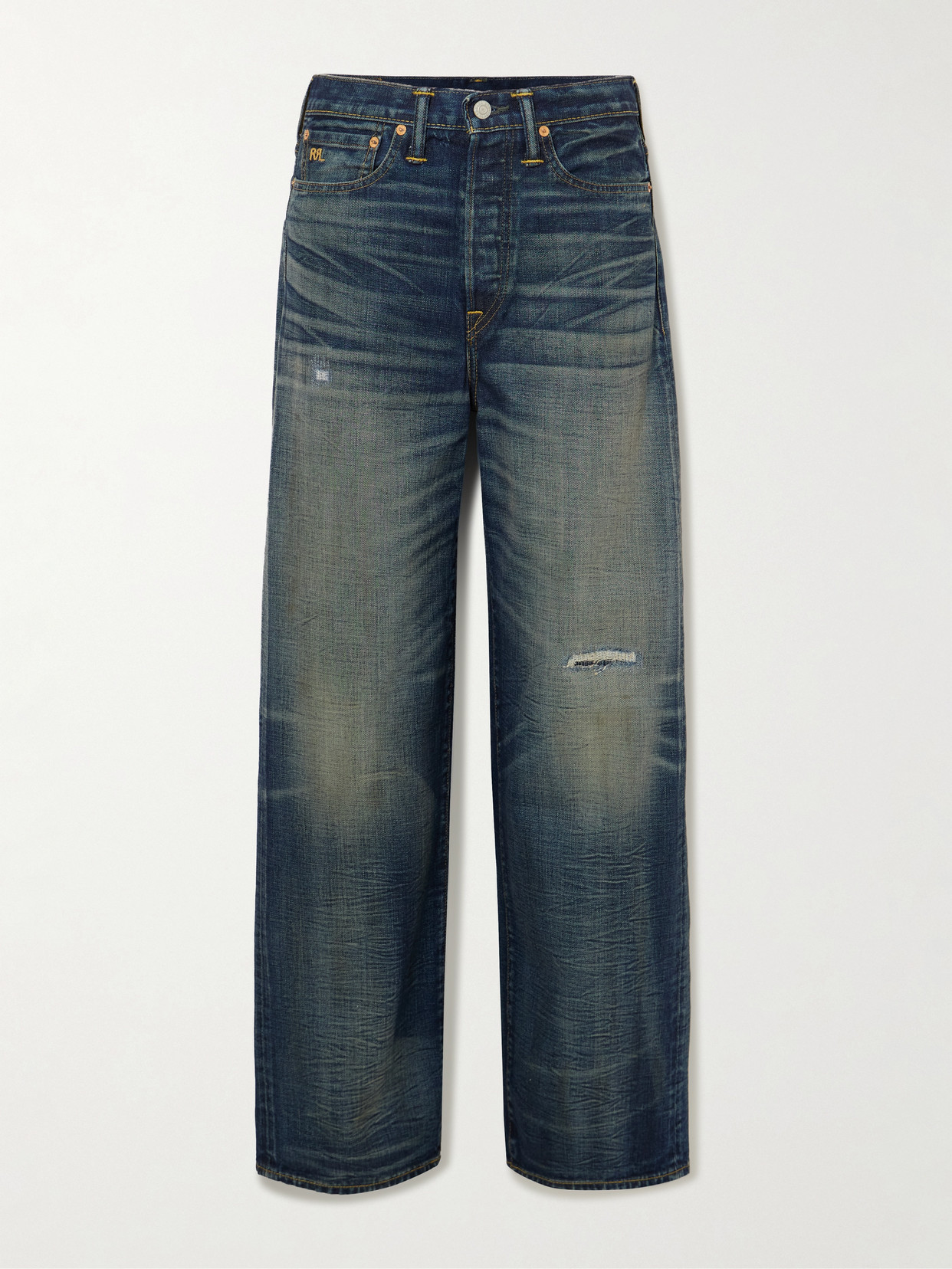 Rrl Distressed High-rise Wide-leg Jeans In Blue