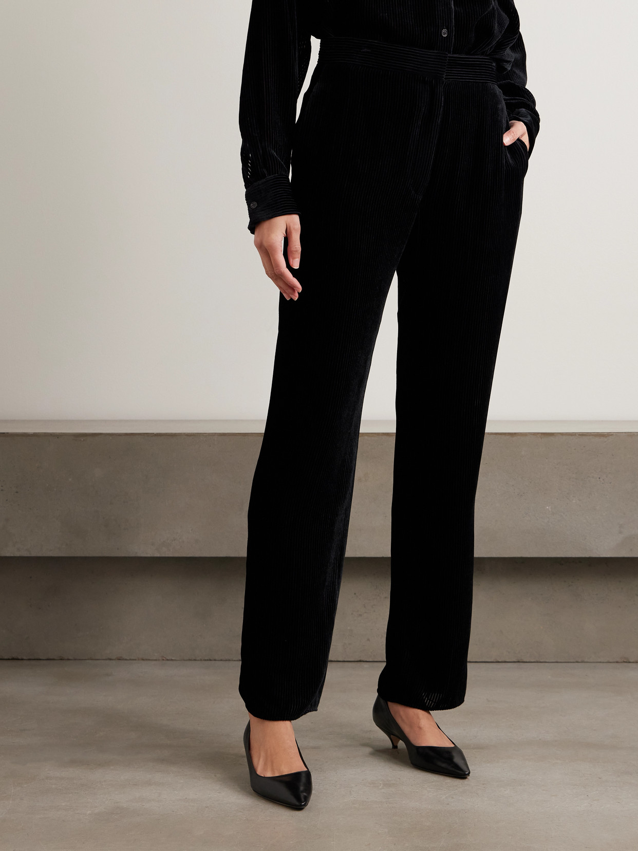 The Row Anker Ribbed Velvet Straight-leg Pants In Black