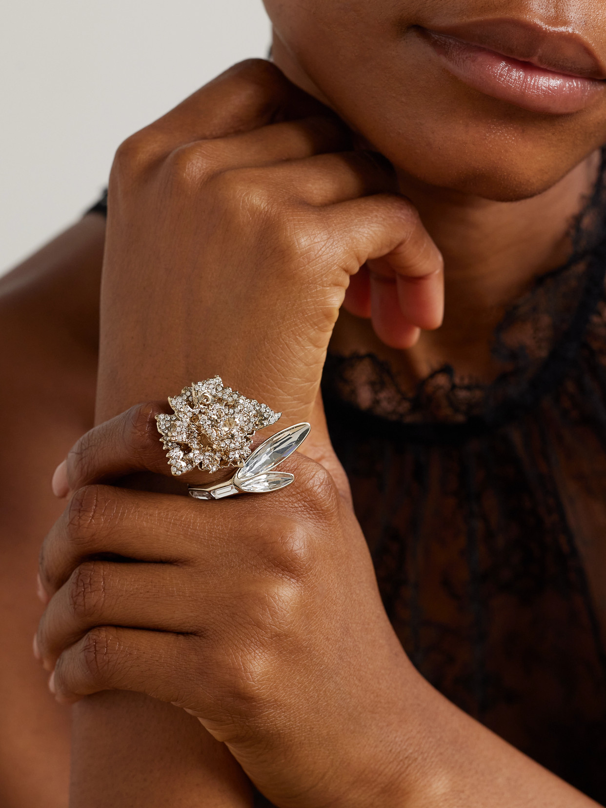 Alexander Mcqueen Carnation Gold-tone Crystal Ring In Silver