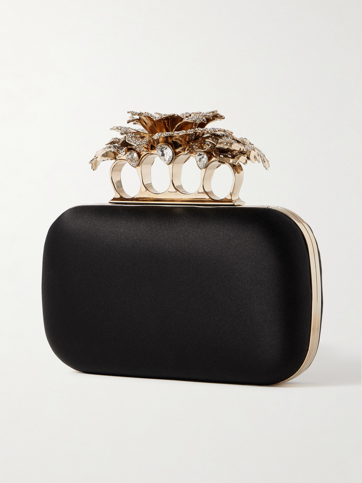 Alexander Mcqueen Carnation Knuckle Crystal-embellished Satin Clutch In Black
