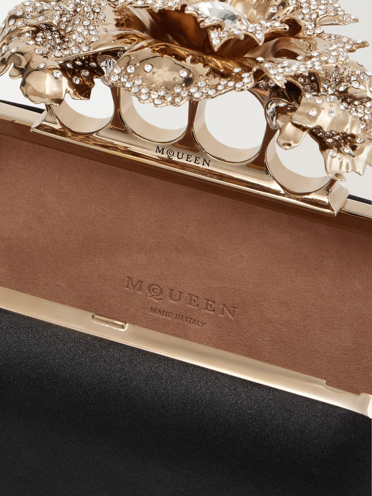 Alexander Mcqueen Carnation Knuckle Crystal-embellished Satin Clutch In Black