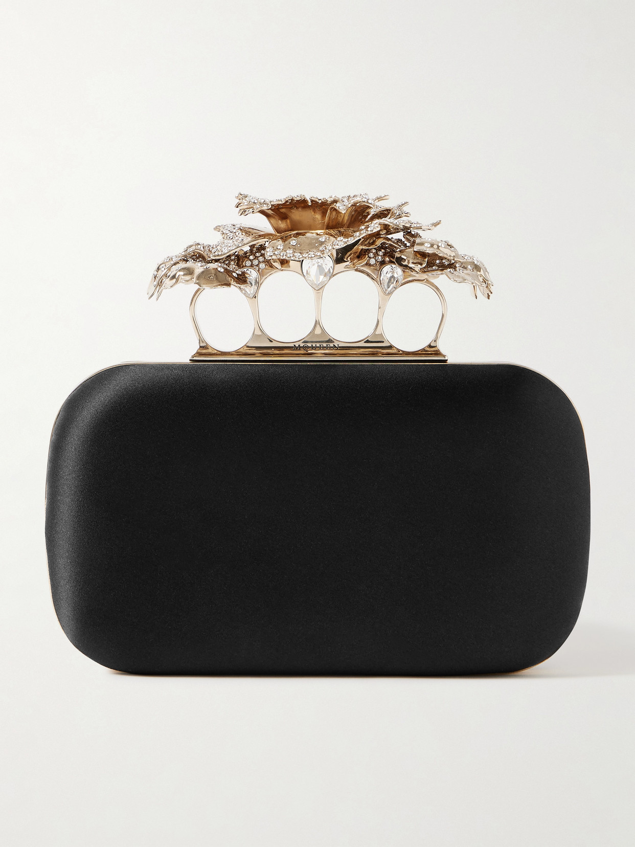 Alexander Mcqueen Carnation Knuckle Crystal-embellished Satin Clutch In Black