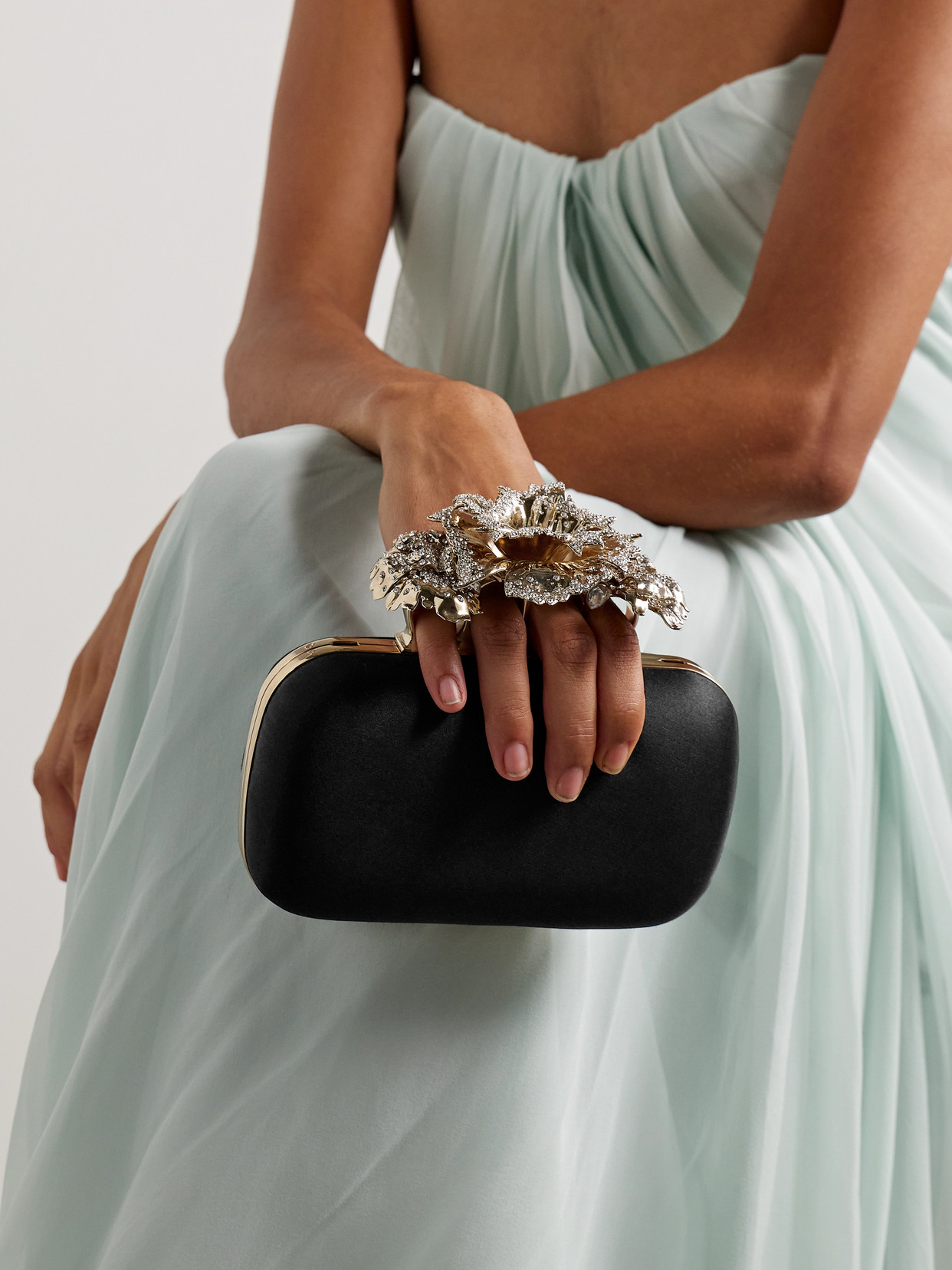 Alexander Mcqueen Carnation Knuckle Crystal-embellished Satin Clutch In Black