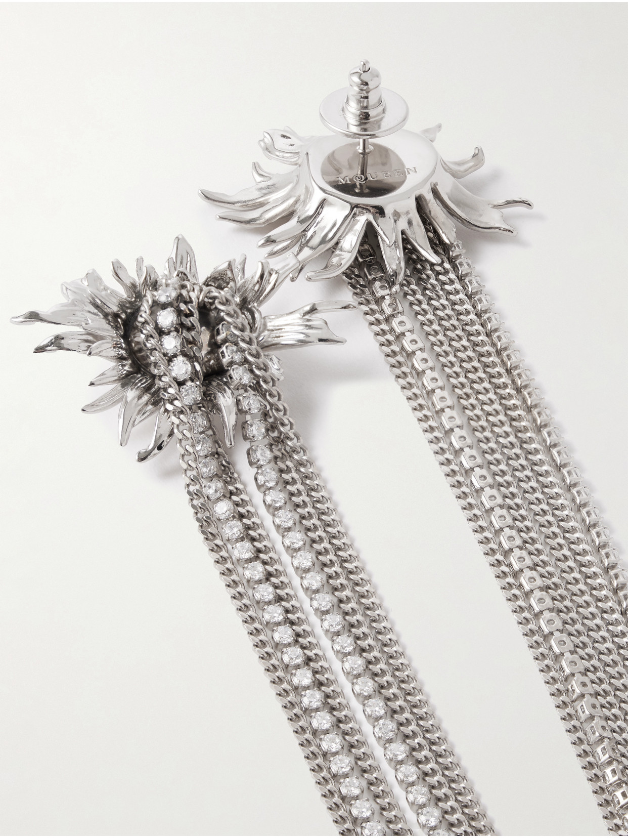 Alexander Mcqueen Sunflower Fringed Silver-tone Crystal Earrings In Silver