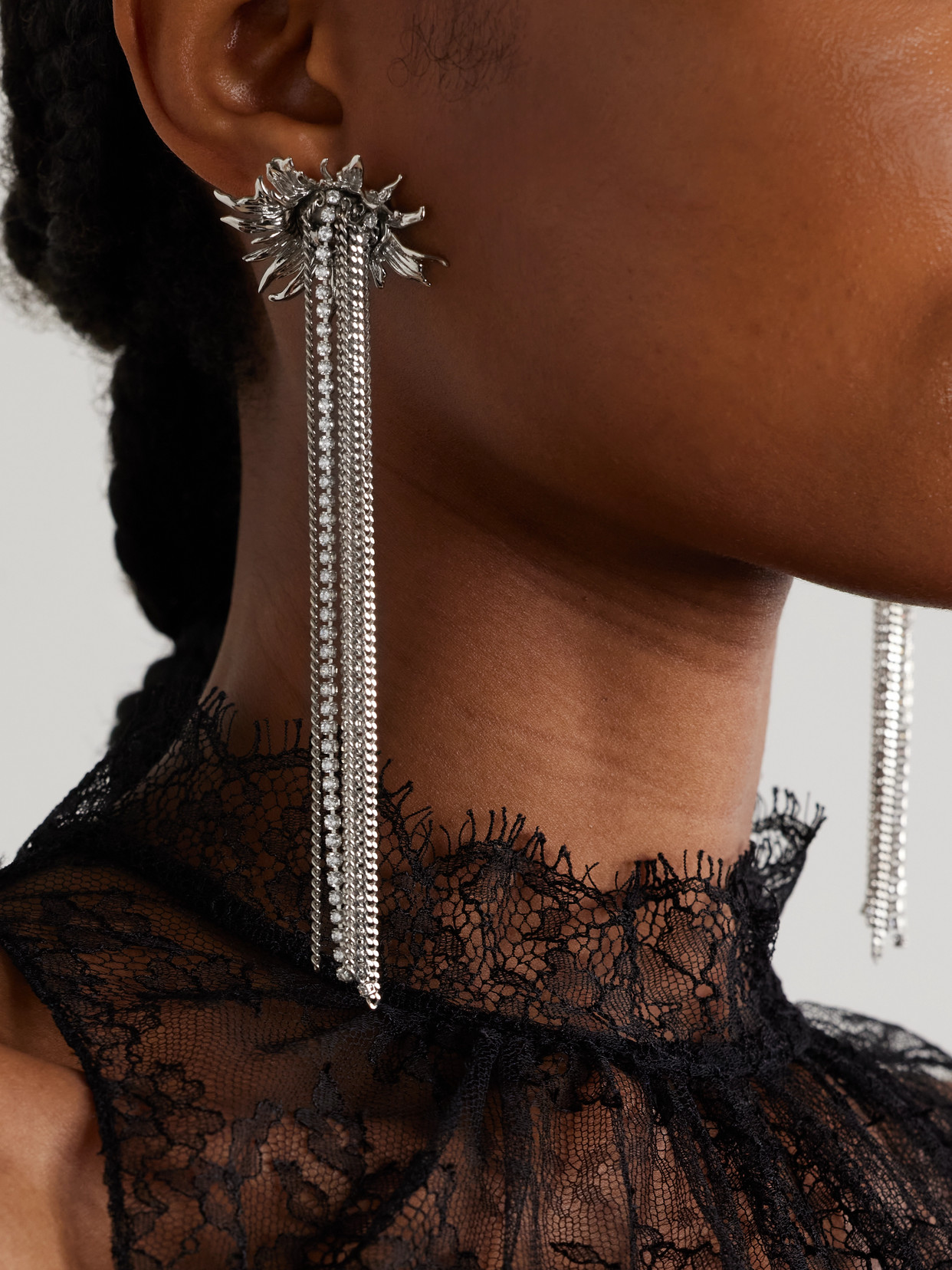 Alexander Mcqueen Sunflower Fringed Silver-tone Crystal Earrings In Silver