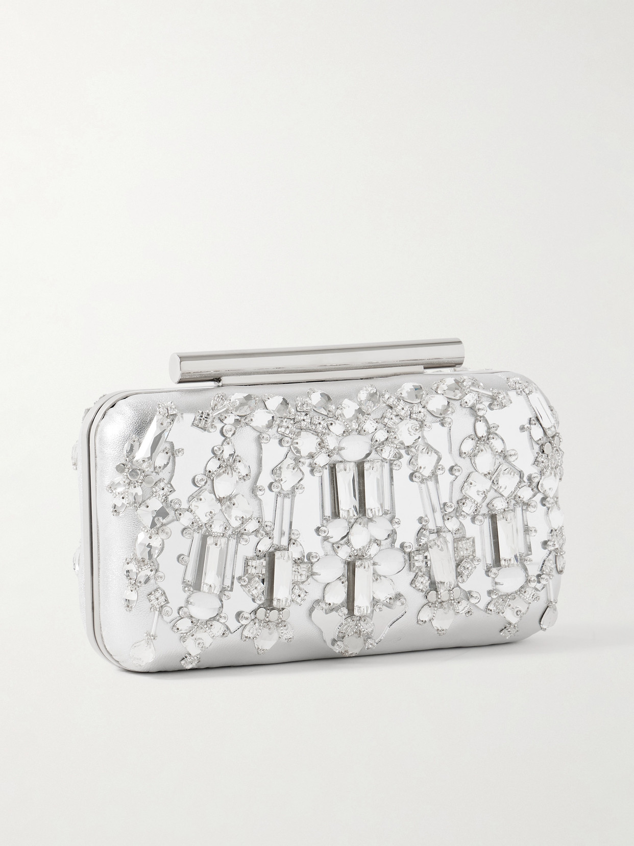 Alexander Mcqueen T-bar Crystal-embellished Metallic Leather Clutch In Silver