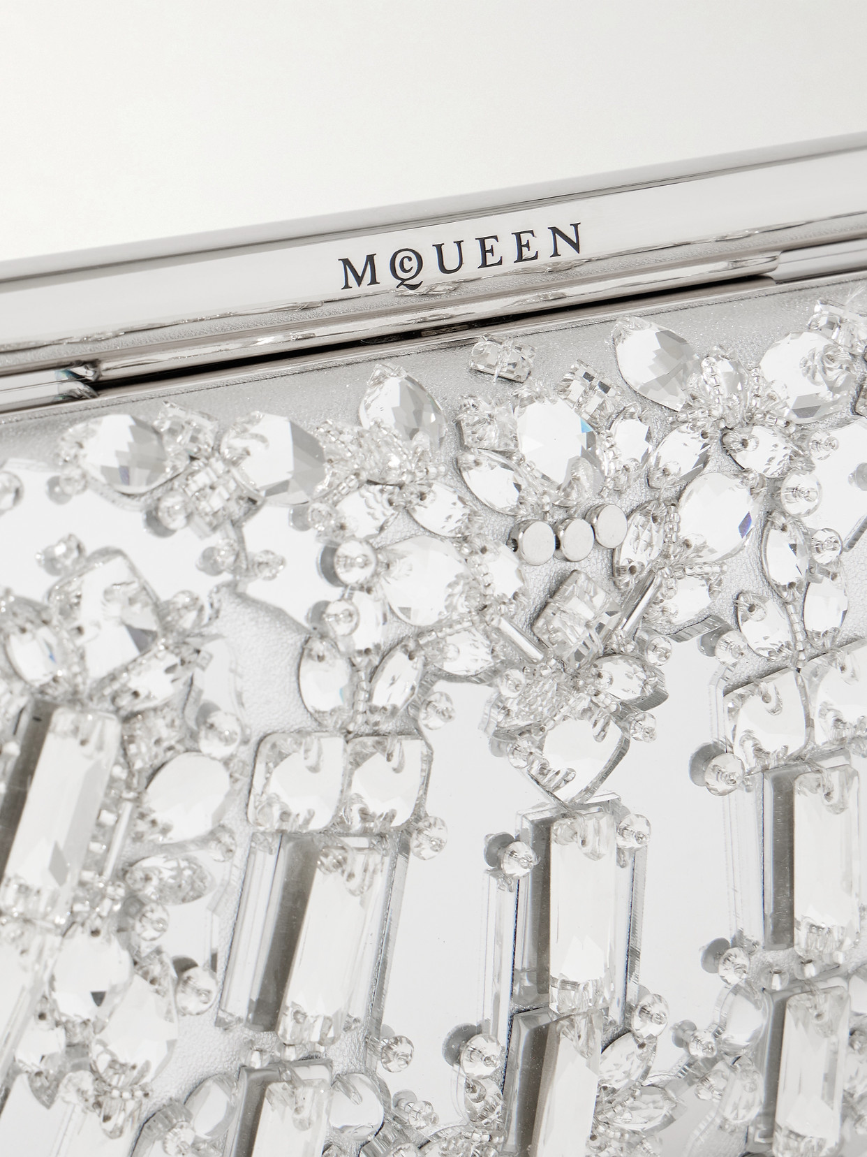 Alexander Mcqueen T-bar Crystal-embellished Metallic Leather Clutch In Silver
