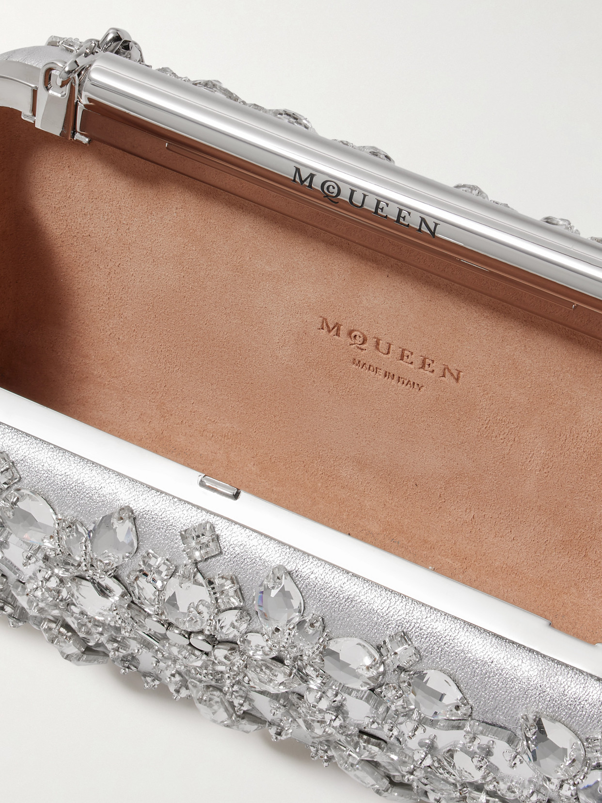 Alexander Mcqueen T-bar Crystal-embellished Metallic Leather Clutch In Silver