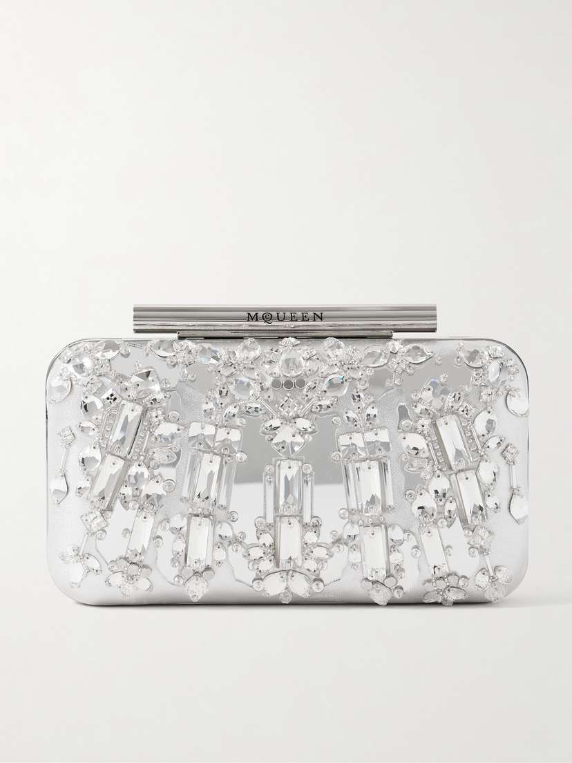 McQueen T-bar Crystal-embellished Metallic Leather Clutch