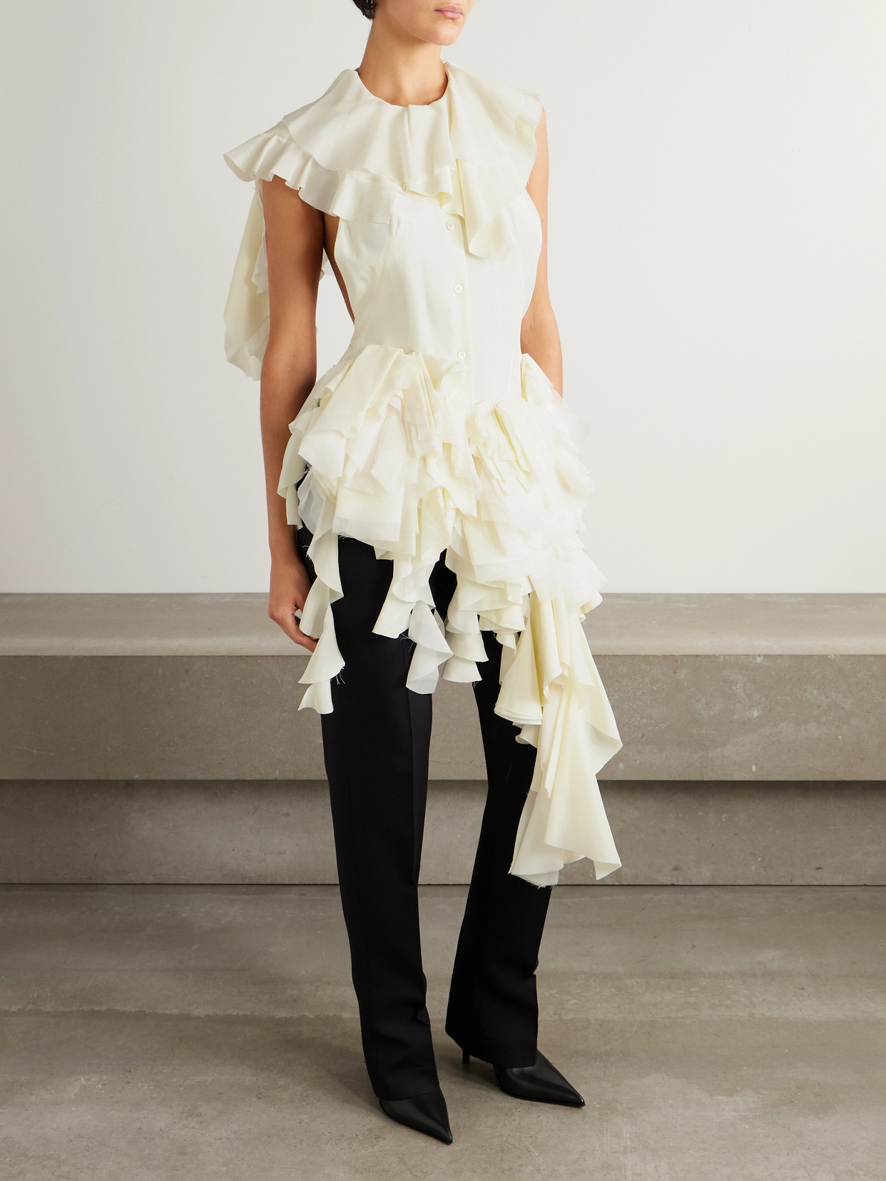 Alexander Mcqueen Asymmetric Open-back Ruffled Silk-chiffon Blouse In White