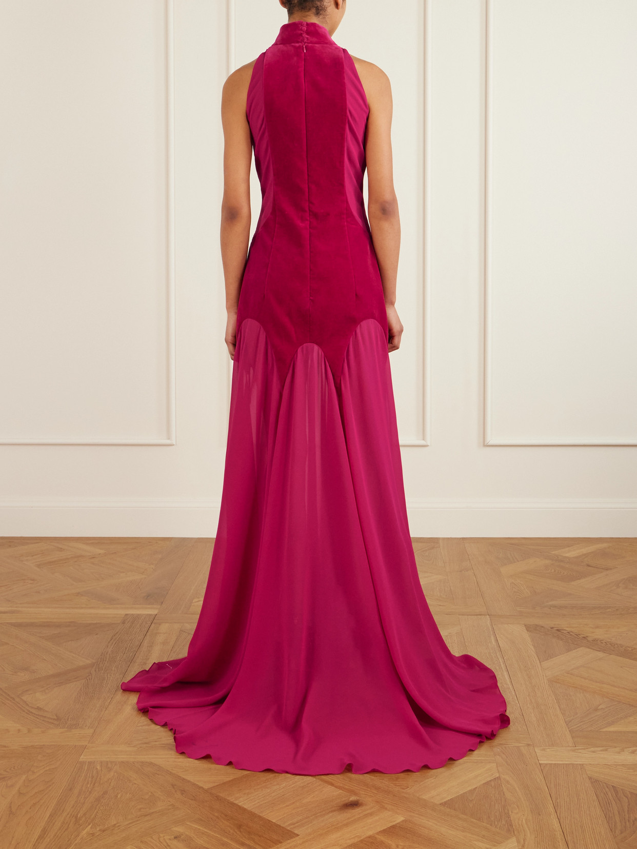Alexander Mcqueen Cotton Velvet-trimmed Gathered Silk-georgette Turtleneck Gown In Pink