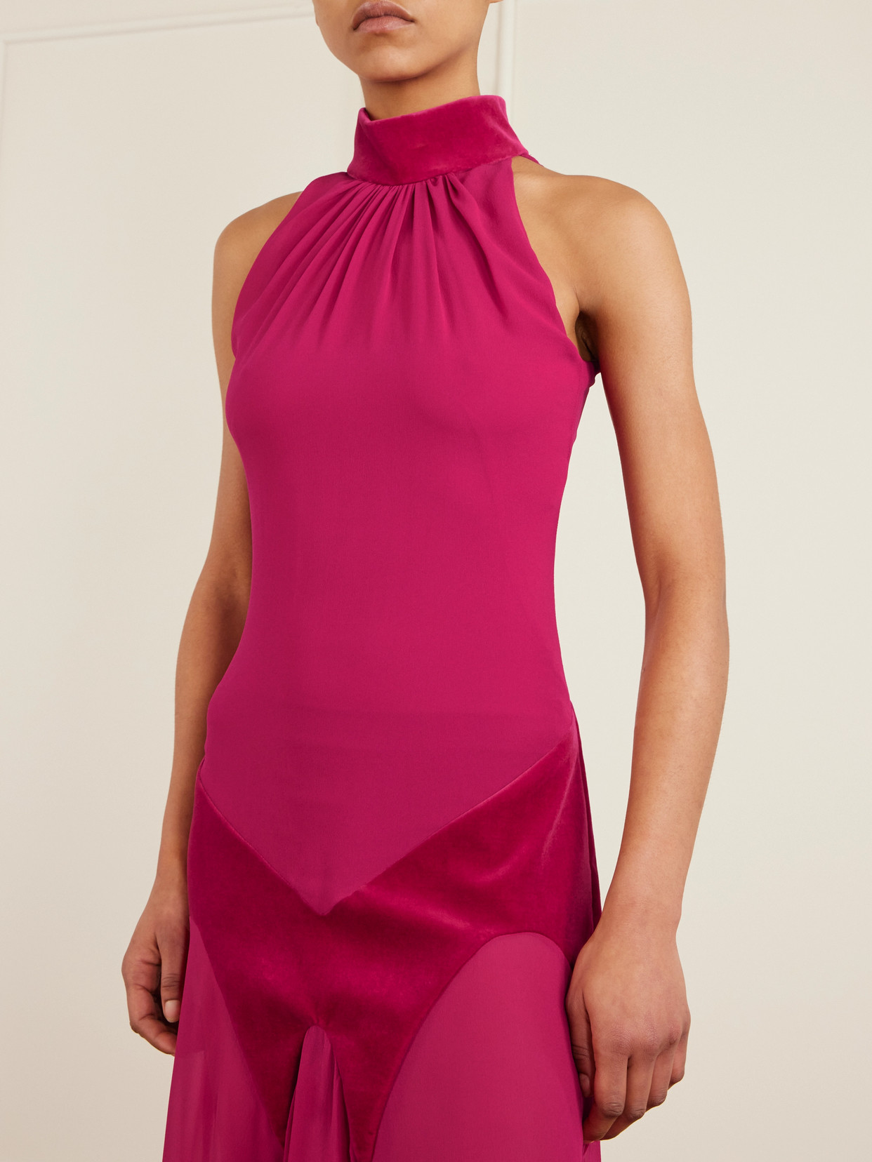 Alexander Mcqueen Cotton Velvet-trimmed Gathered Silk-georgette Turtleneck Gown In Pink