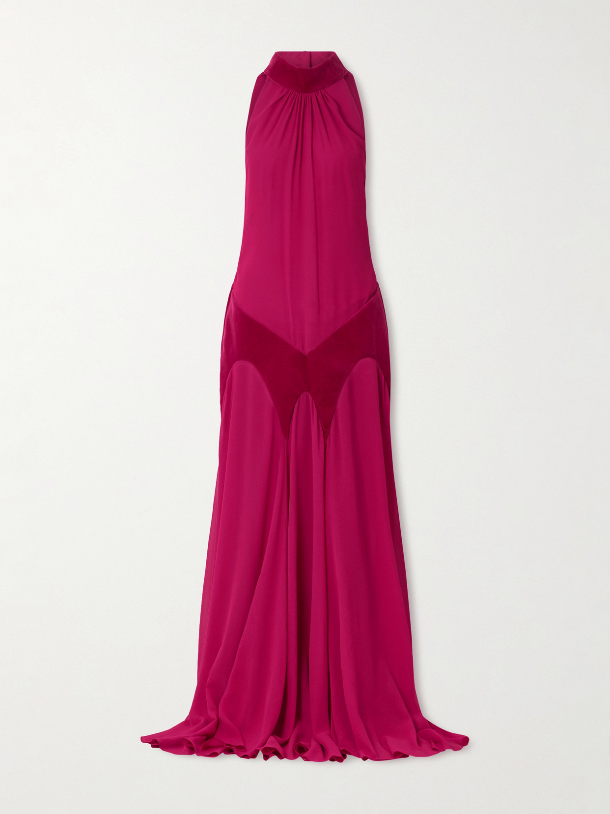 Alexander Mcqueen Cotton Velvet-trimmed Gathered Silk-georgette Turtleneck Gown In Purple