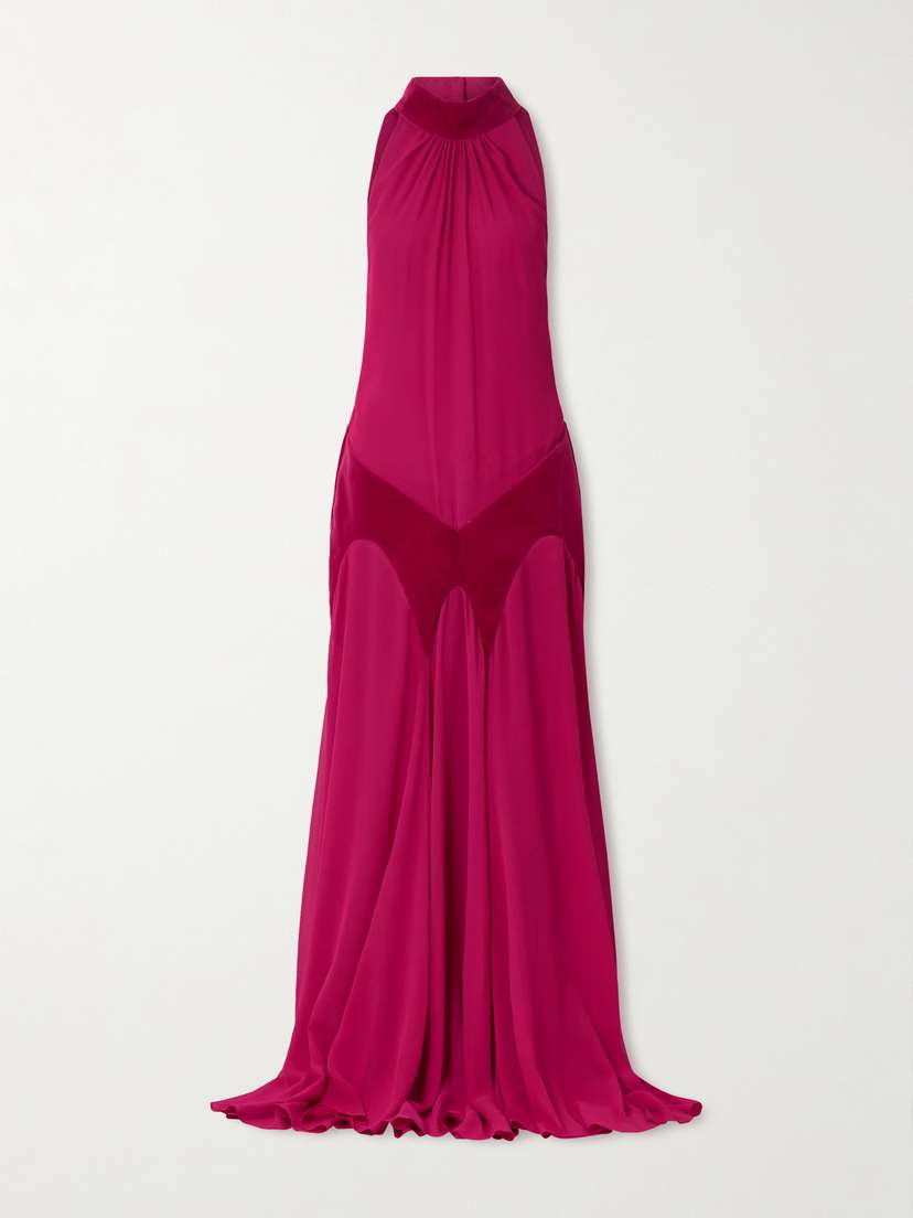 McQueen Cotton Velvet-trimmed Gathered Silk-georgette Turtleneck Gown