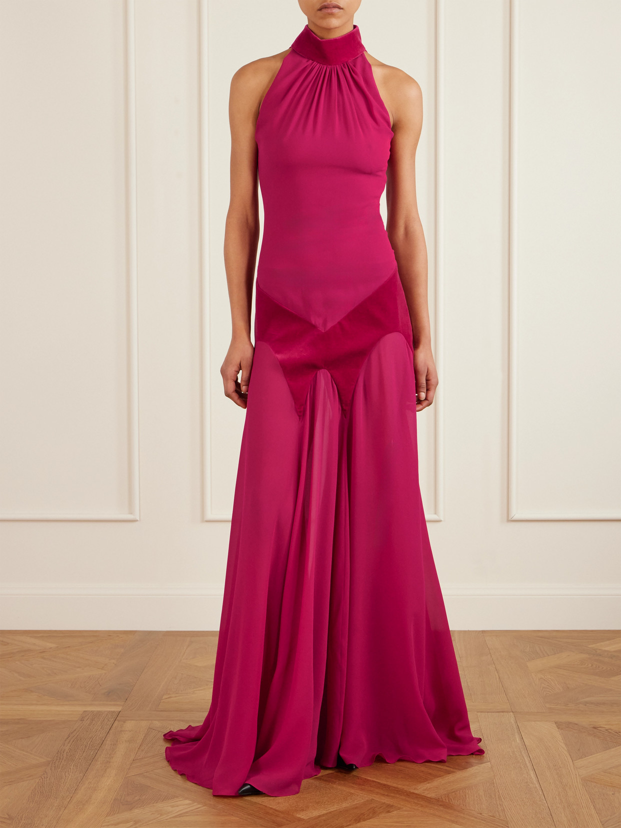 Alexander Mcqueen Cotton Velvet-trimmed Gathered Silk-georgette Turtleneck Gown In Pink