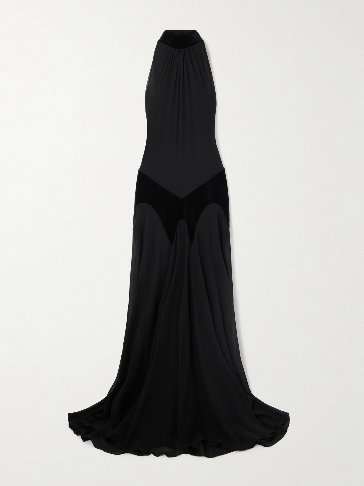 Alexander Mcqueen Cotton Velvet-trimmed Gathered Silk-georgette Turtleneck Gown In Black