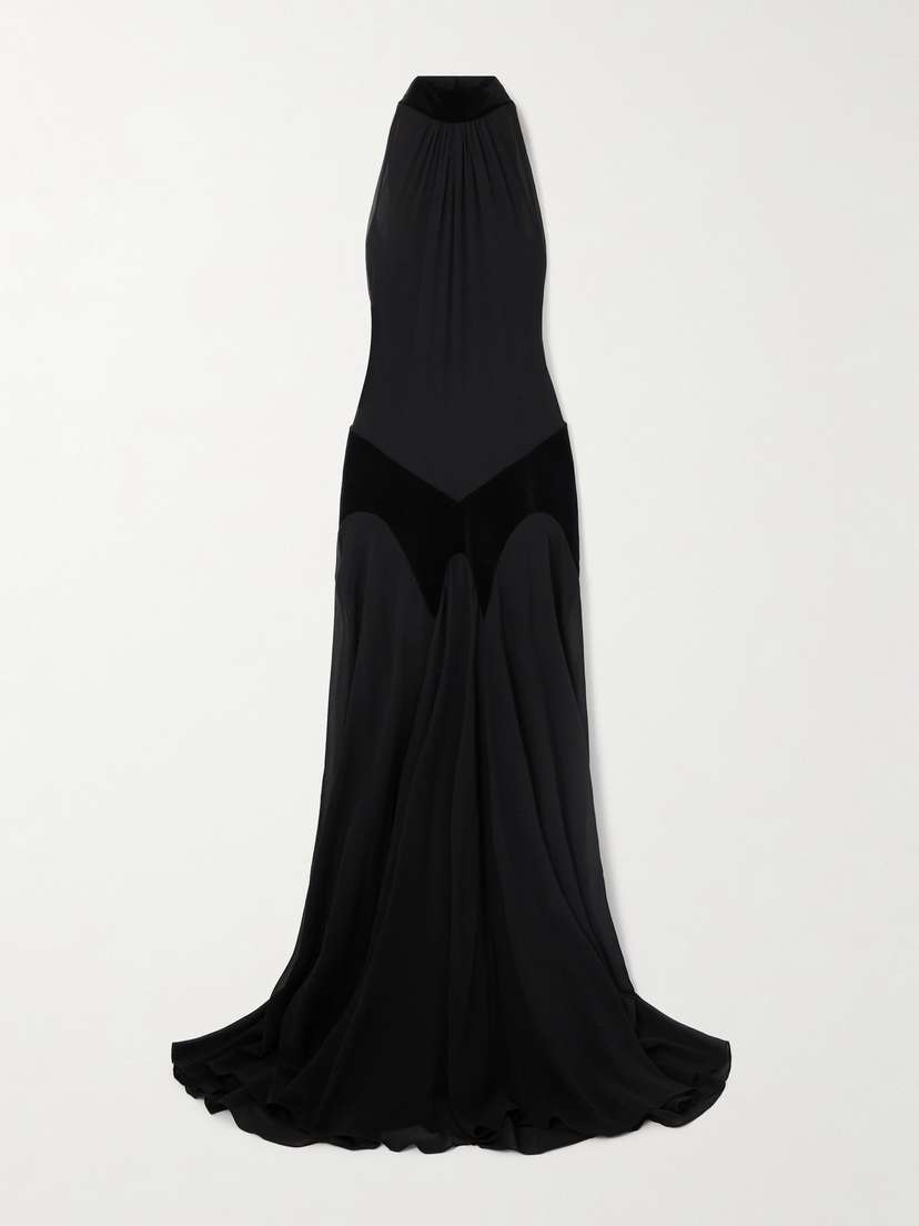 McQueen Cotton Velvet-trimmed Gathered Silk-georgette Turtleneck Gown