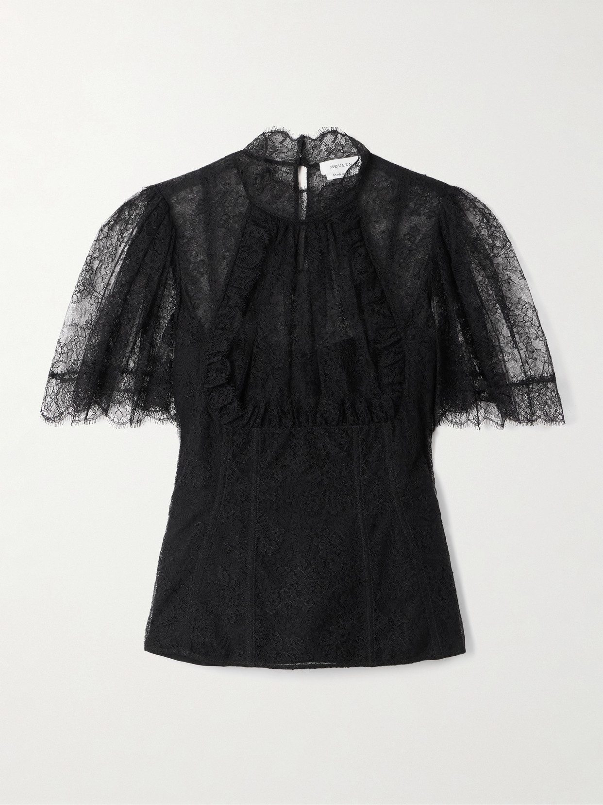 Alexander Mcqueen High Neck Sheer Lace Short Sleeve Top In Black