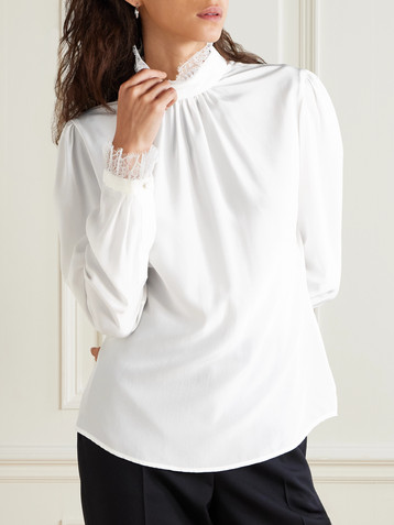 McQueen Ruffled lace-trimmed silk crepe de chine blouse